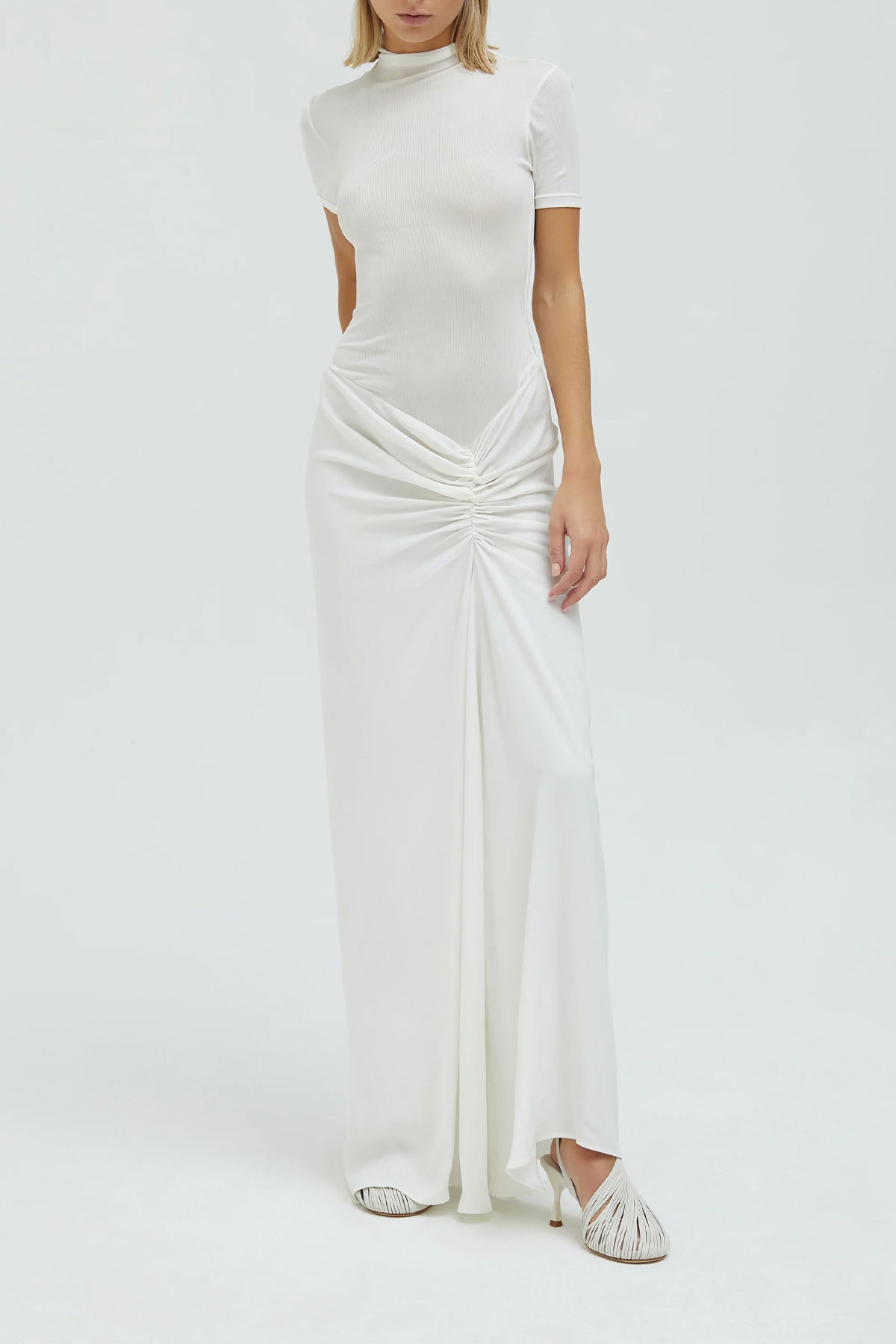 Fusion Ruched Tee Gown in White - shop-olivia.com