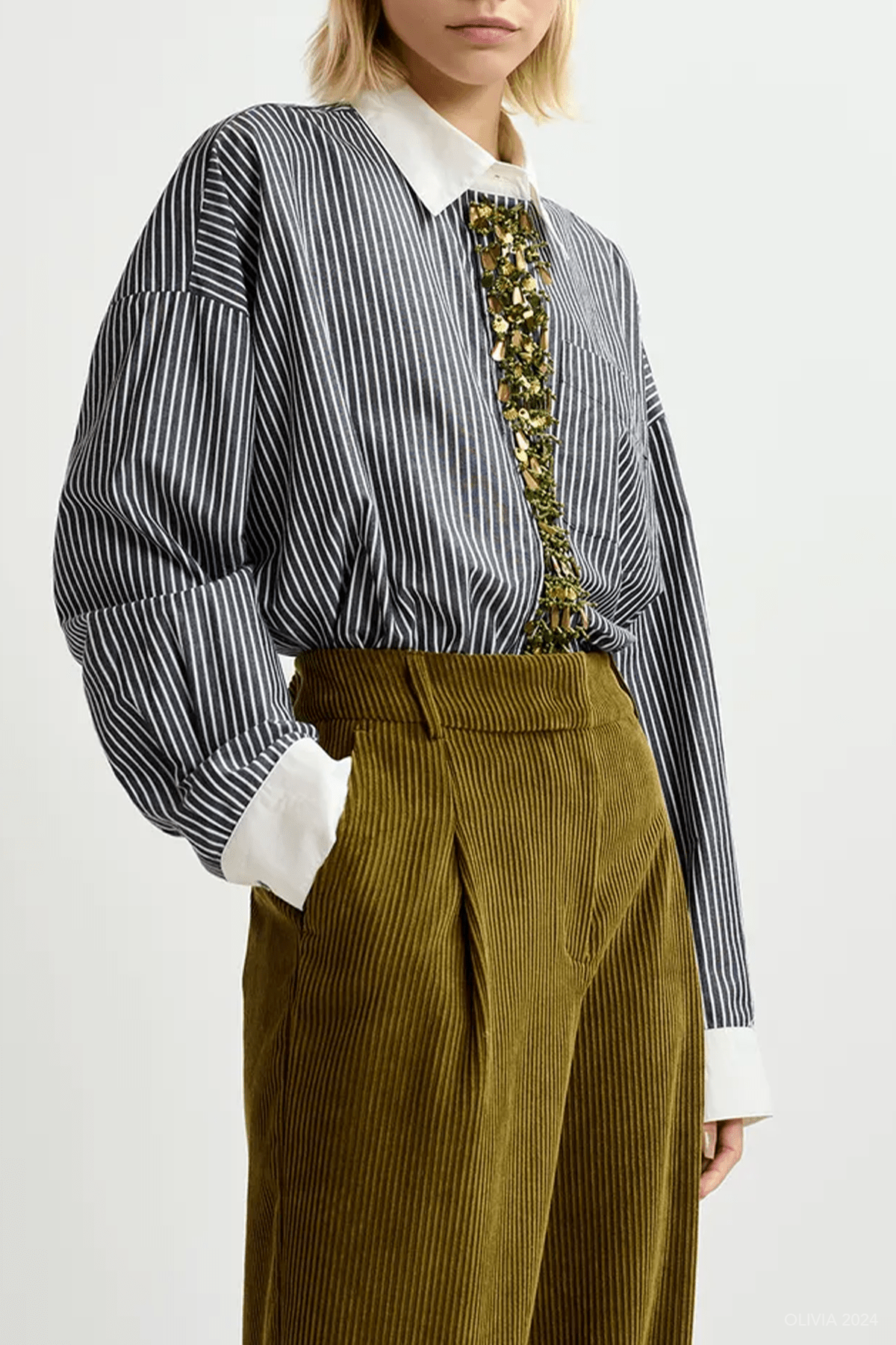 Gail Embellished Cotton Shirt in Black Stripe - shop - olivia.com