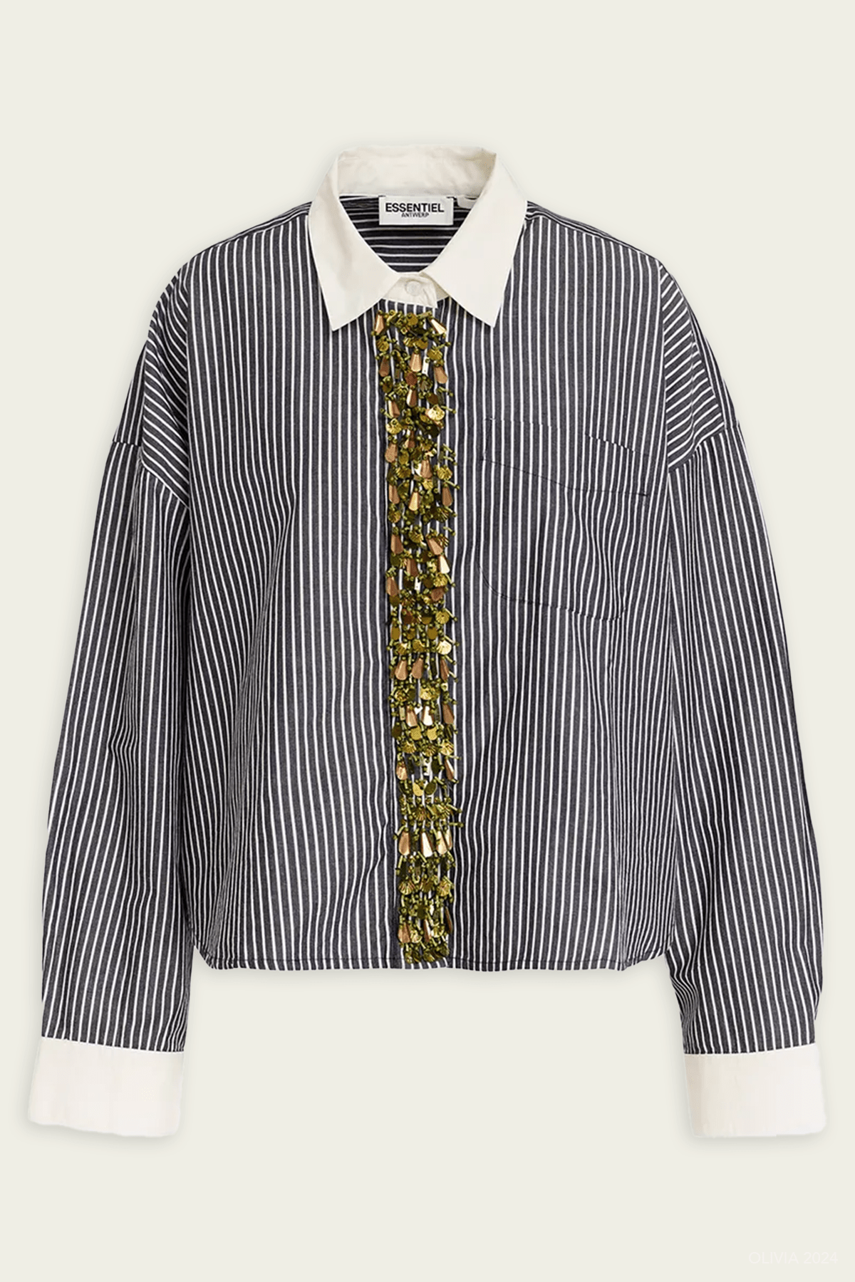 Gail Embellished Cotton Shirt in Black Stripe - shop - olivia.com