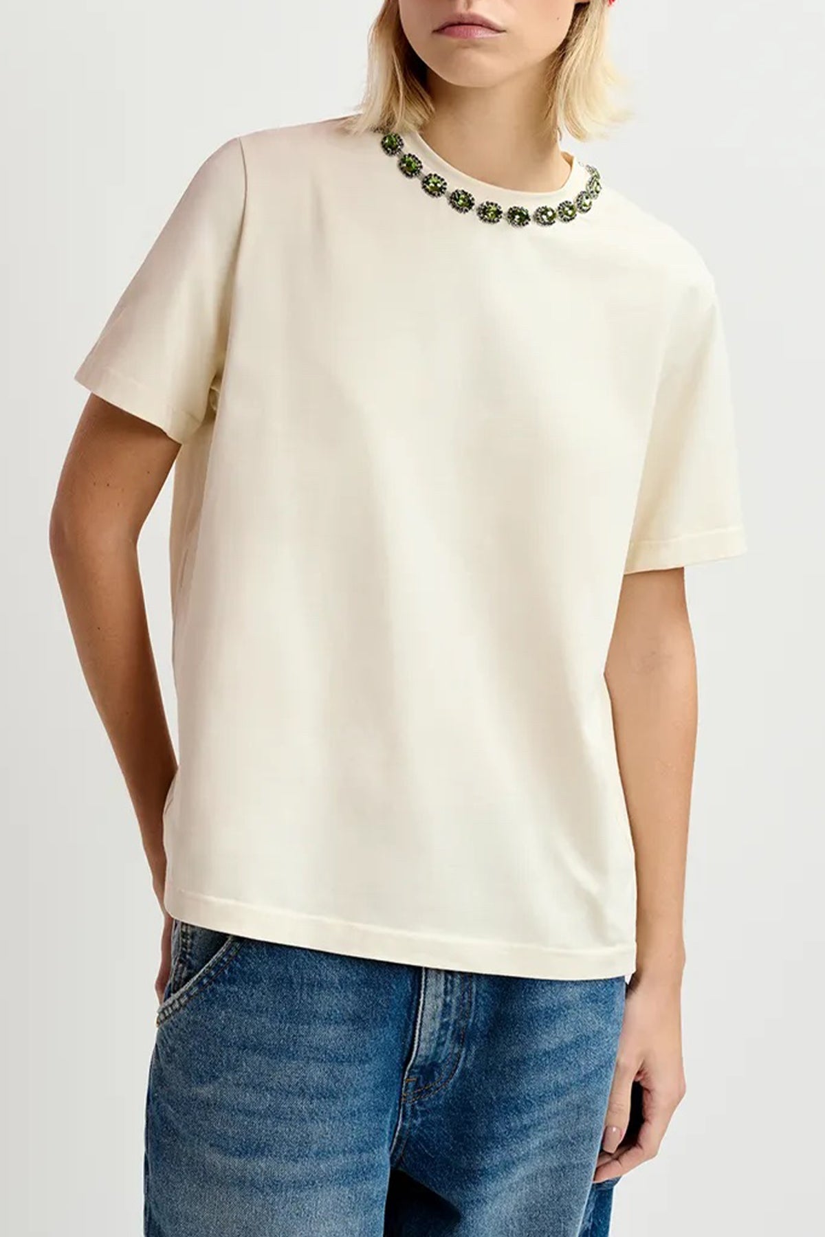 Galenic Rhinestone - Embellished T-Shirt in Ecru - shop - olivia.com