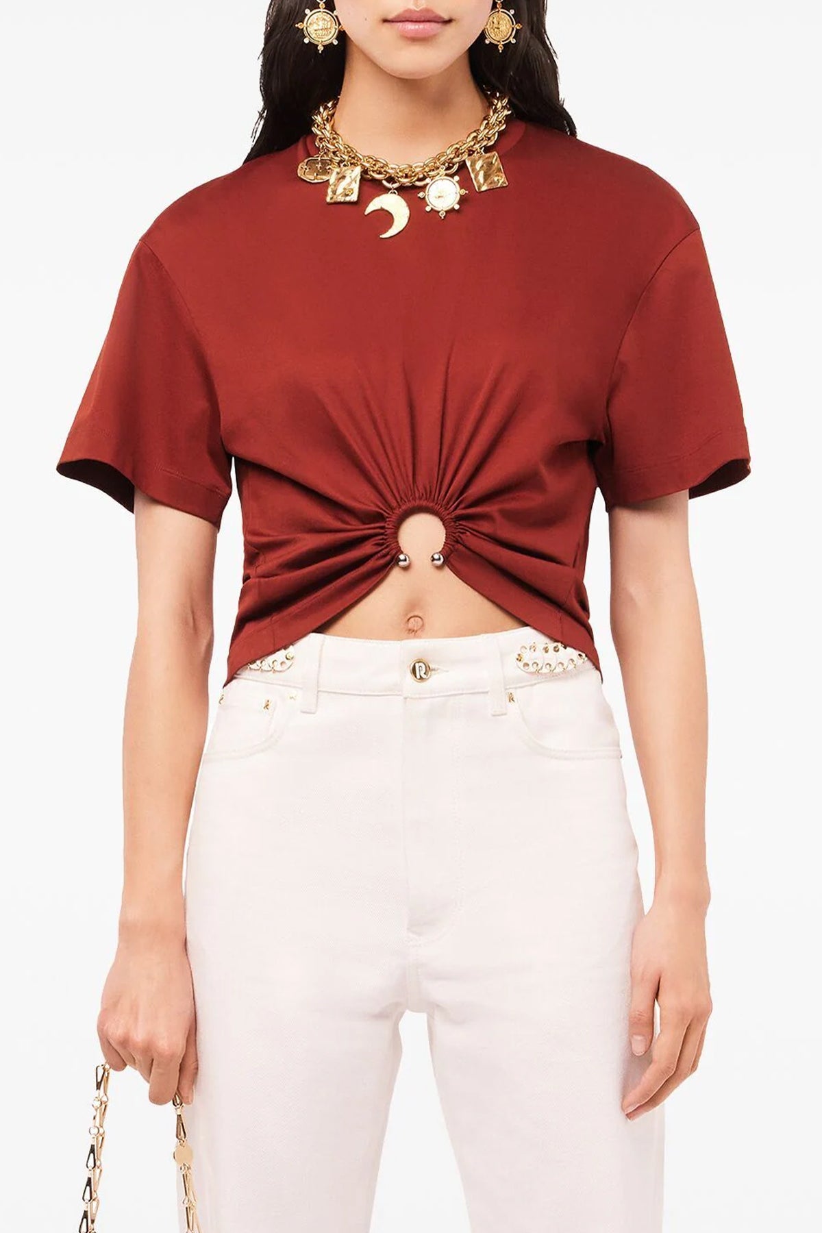 Gathered Cotton Cropped T - Shirt in Terracotta - shop - olivia.com