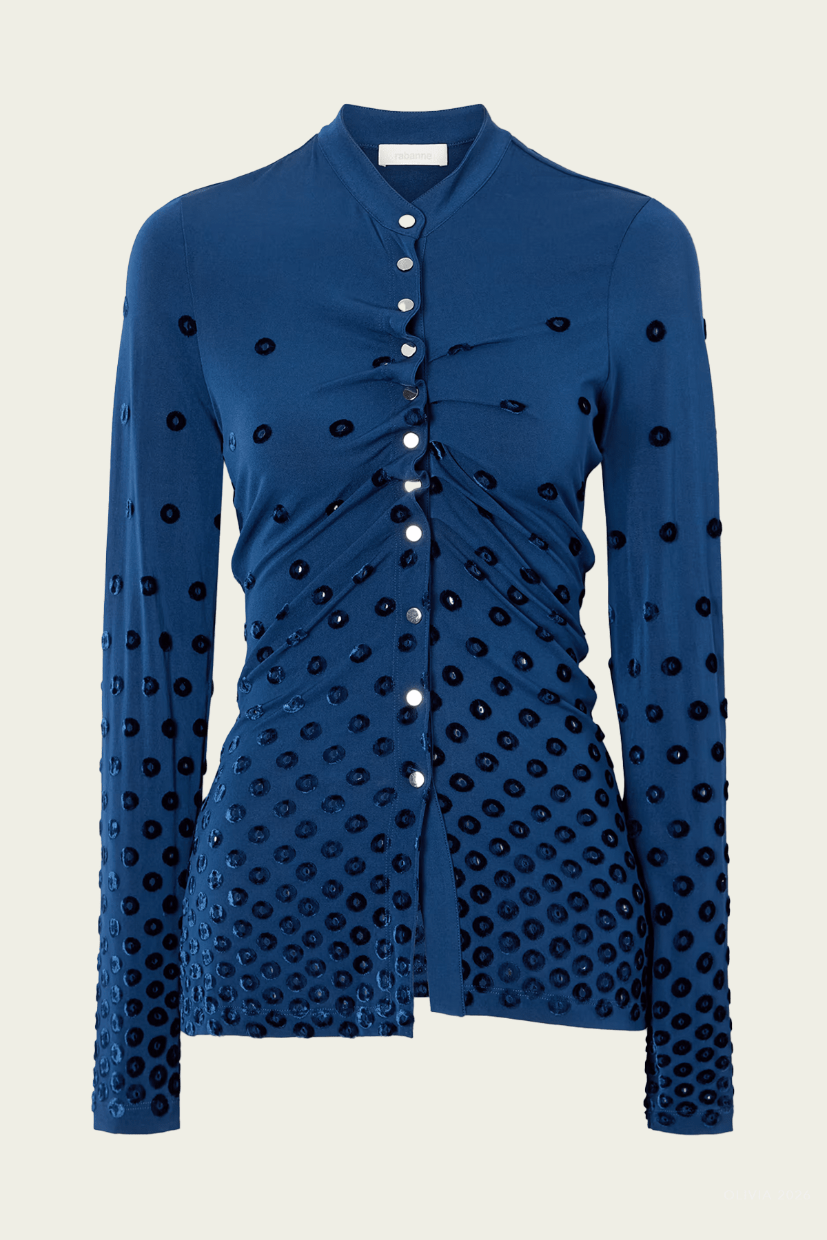 Gathered Flocked Jersey Blouse in Deep Lake - shop-olivia.com