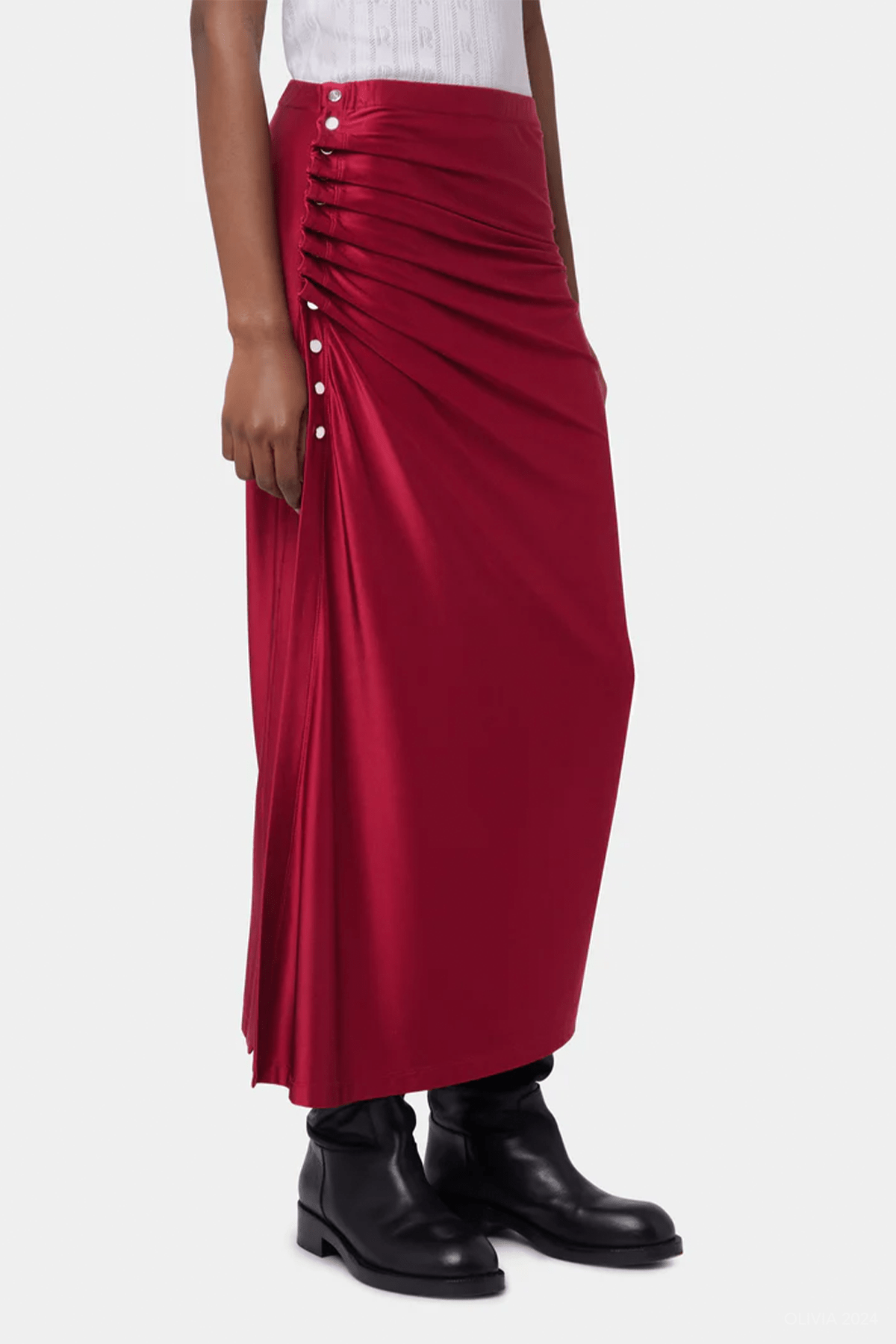 Gathered Jersey Midi Skirt in Scarlet Red - shop - olivia.com