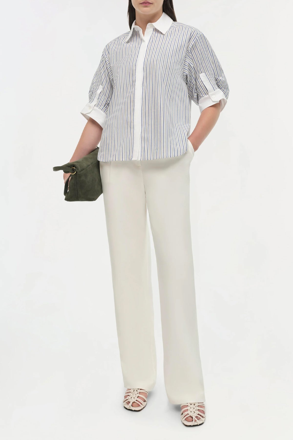 Gemma Three Quarter Sleeve Shirt in Cool Gray Stripe - shop - olivia.com