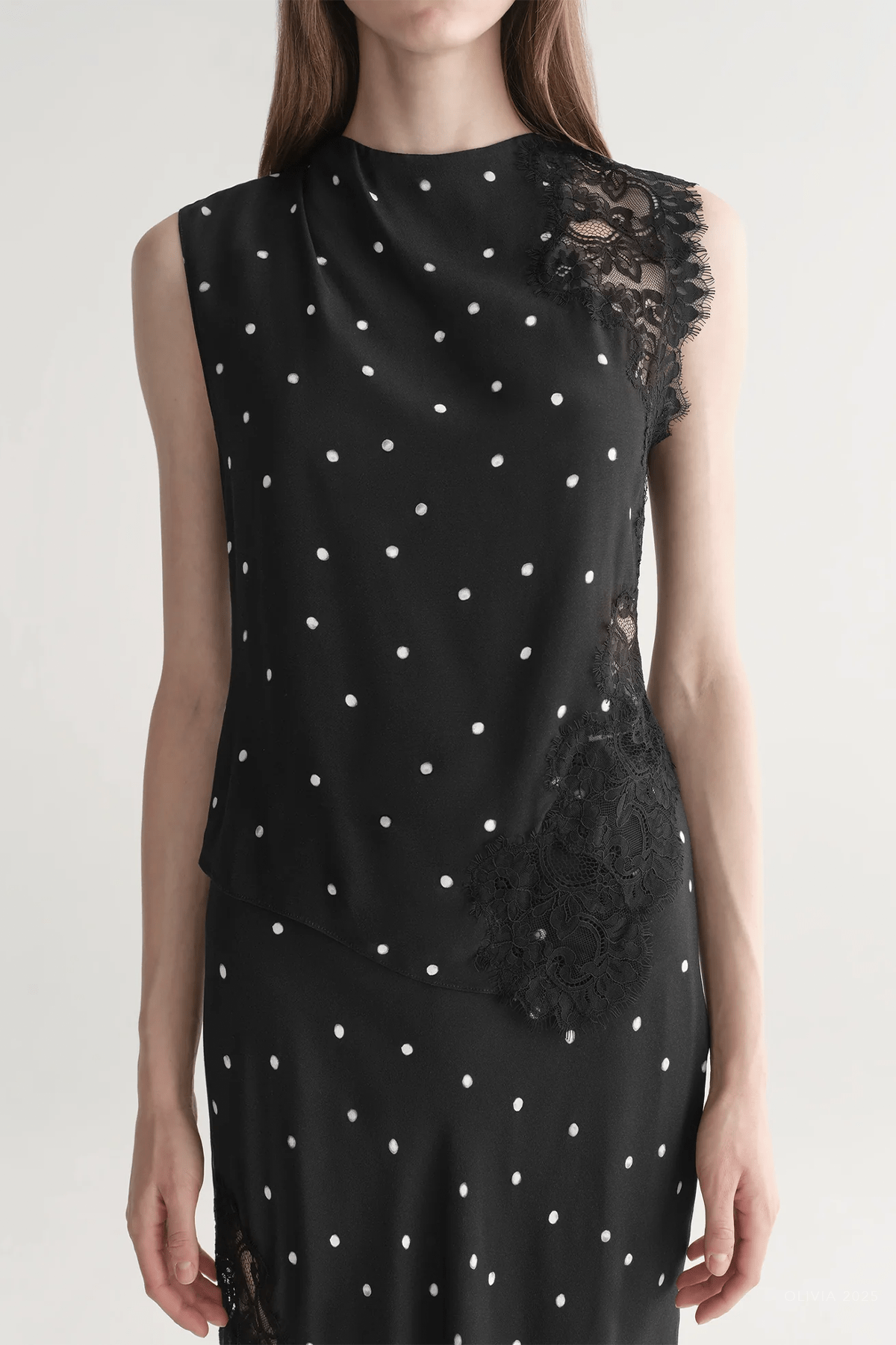 Gracie Polka Dot Crepe And Lace Top in Black Cream - shop - olivia.com