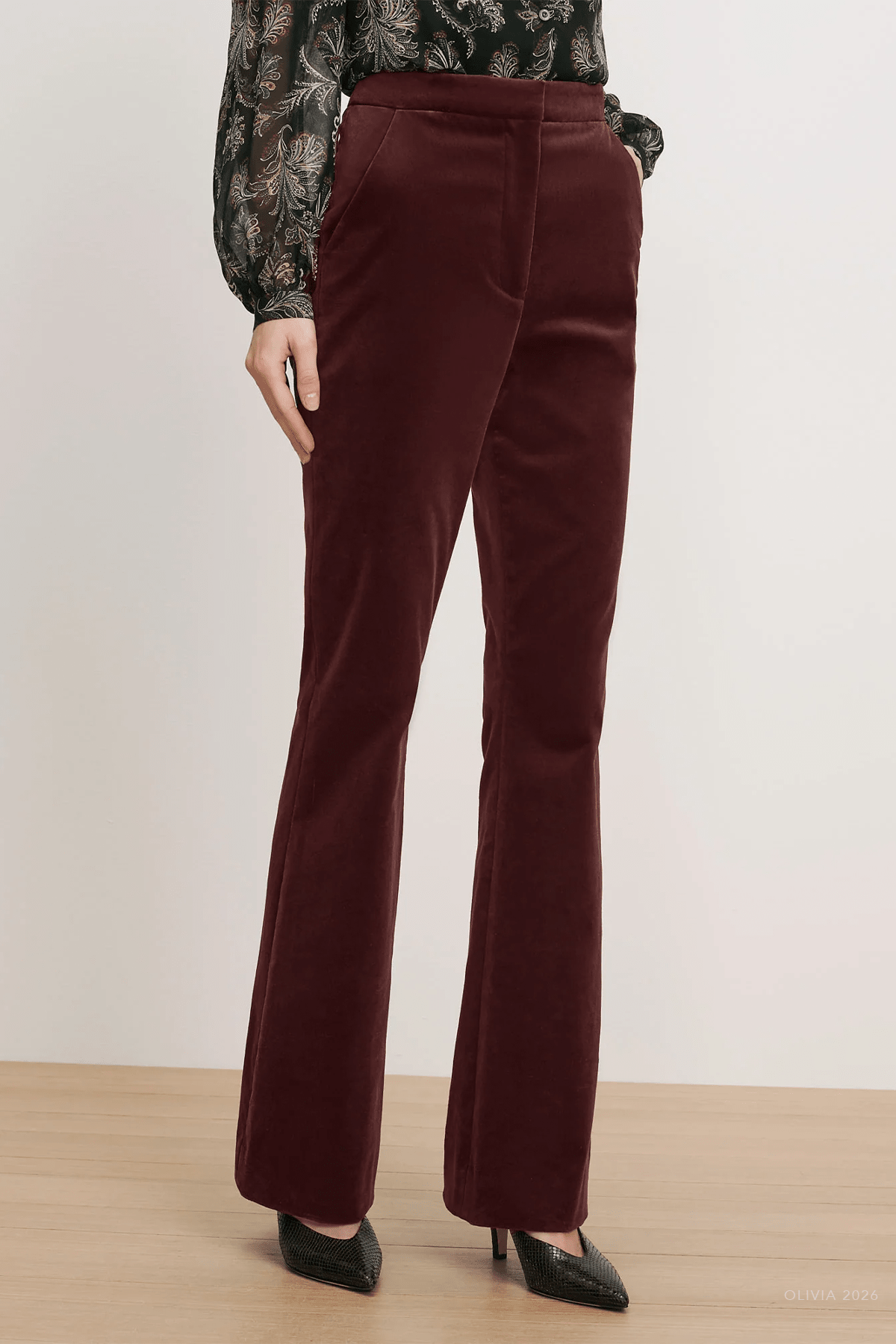 Gracie Velvet Flare Pant in Burgundy - shop-olivia.com