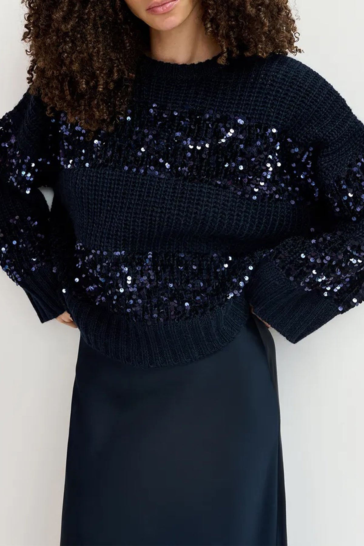 Group Knit Sequin Sweater in Navy Blue - shop - olivia.com