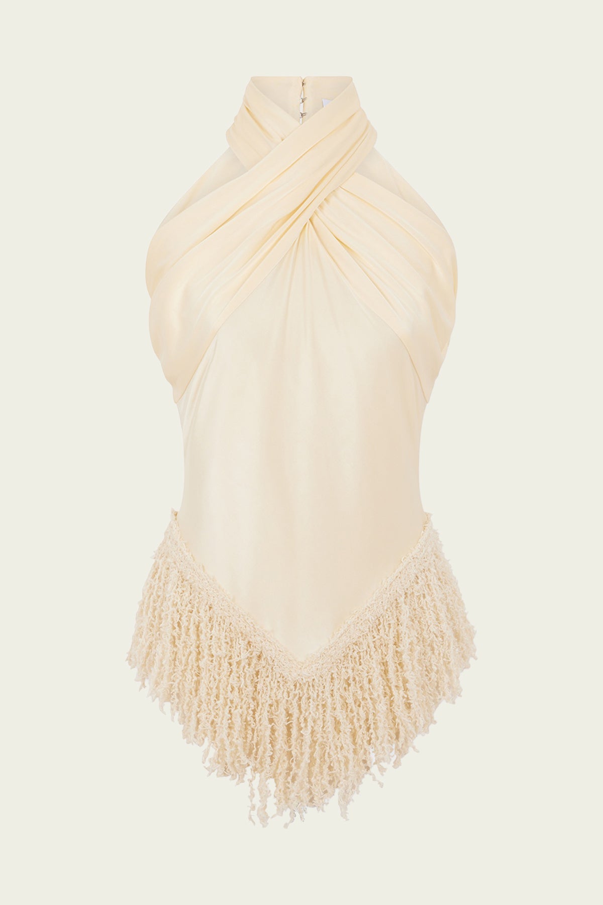 Halter-Neck Ruched Fringed Top in Creme Anglaise - shop-olivia.com