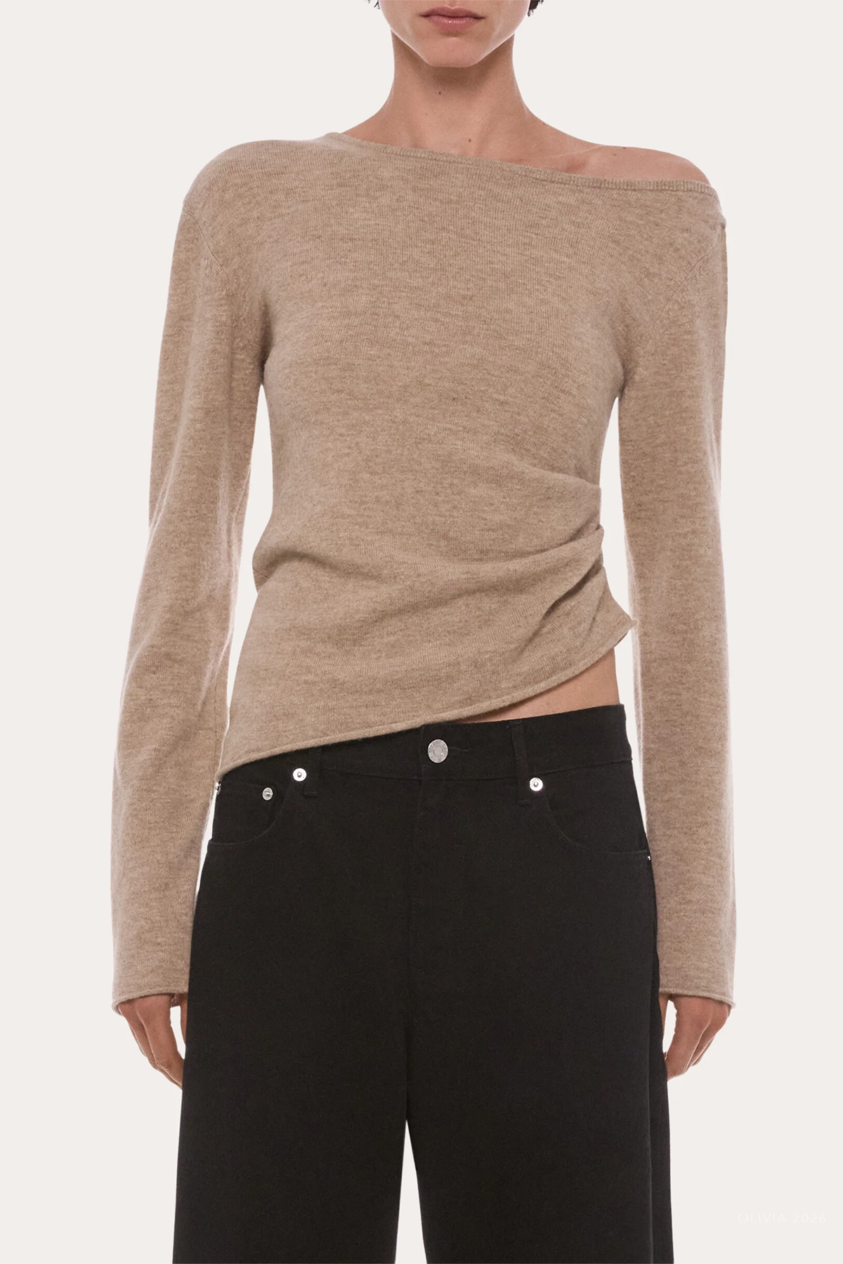 Draped Asymmetrical Wool Top in Oatmeal Melange