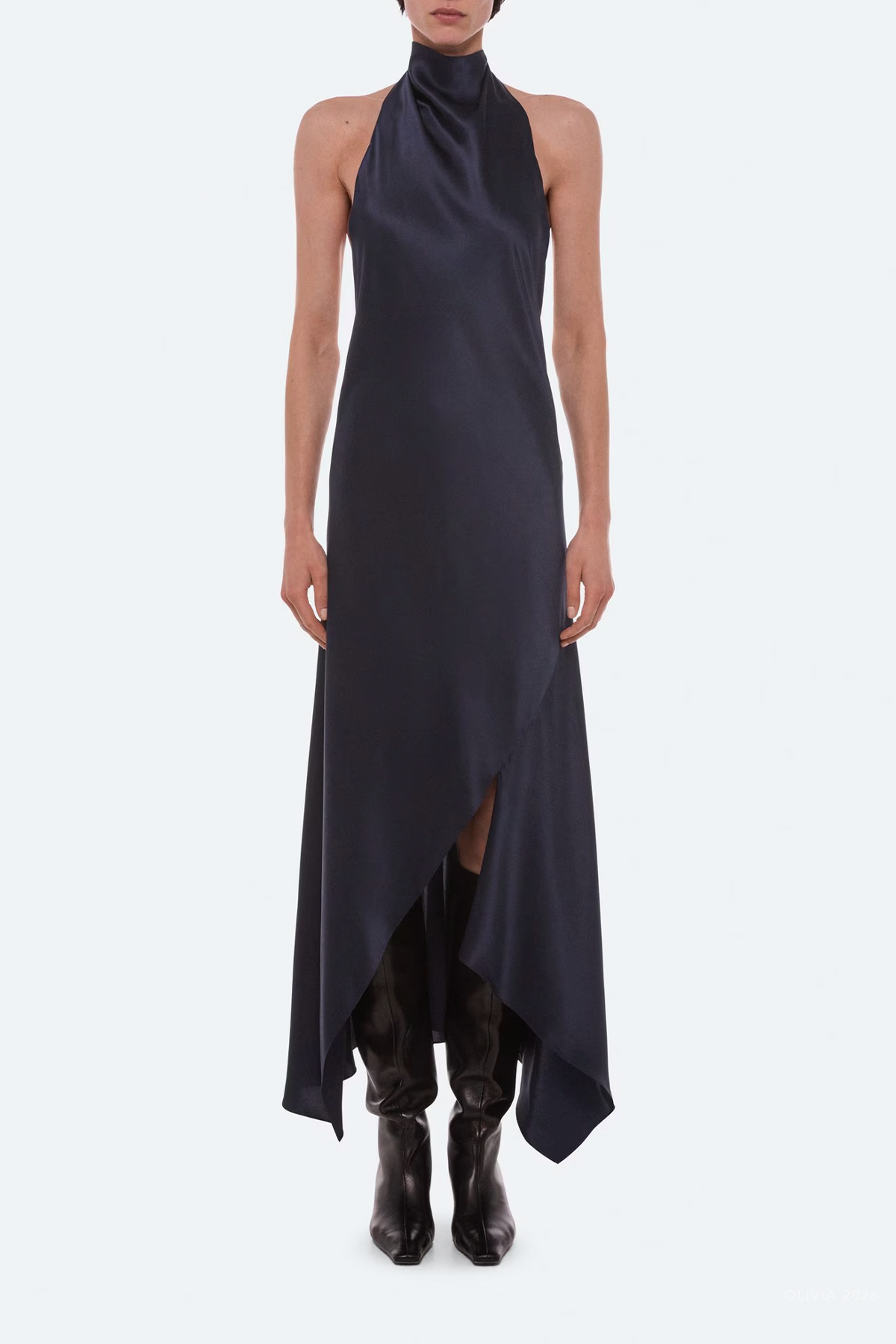Silk Tie Scarf Dress in Navy