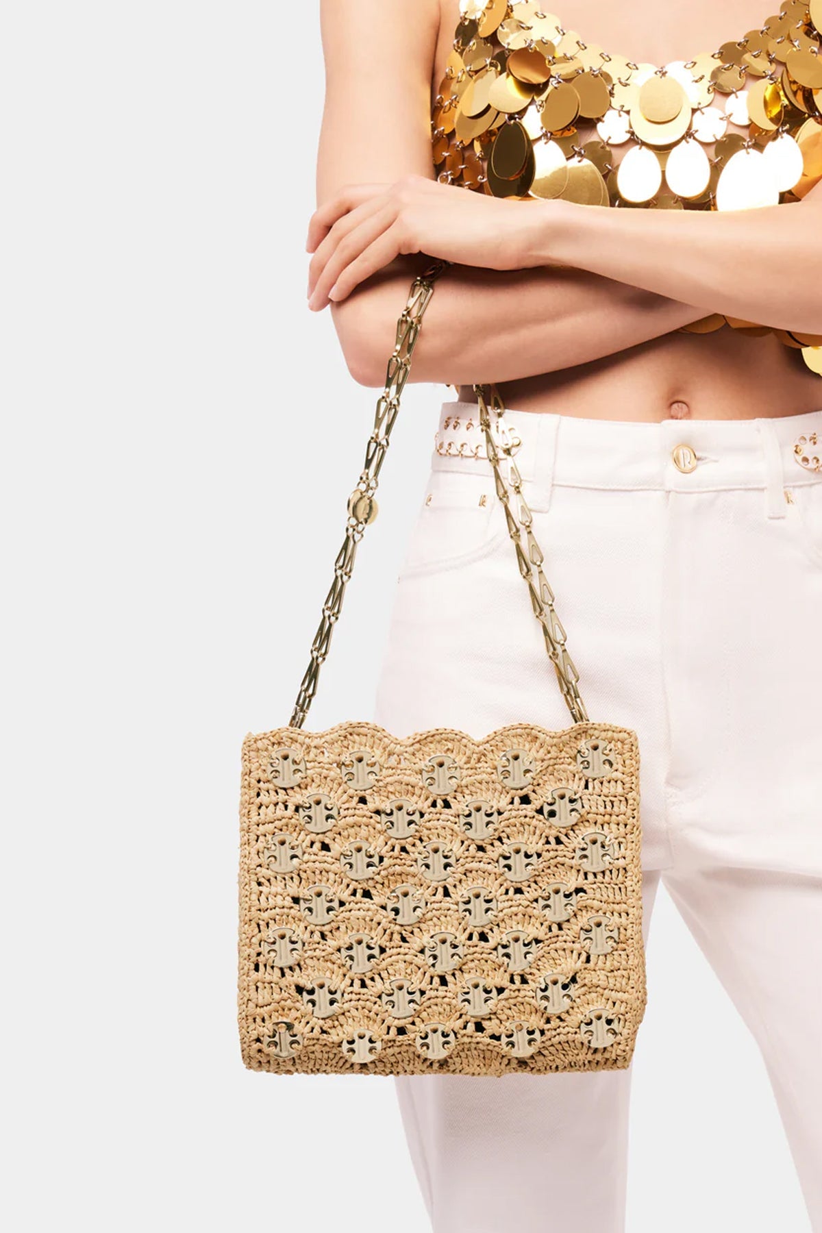 Iconic 1969 Raffia Wave Bag in Natural/ Light Gold - shop - olivia.com