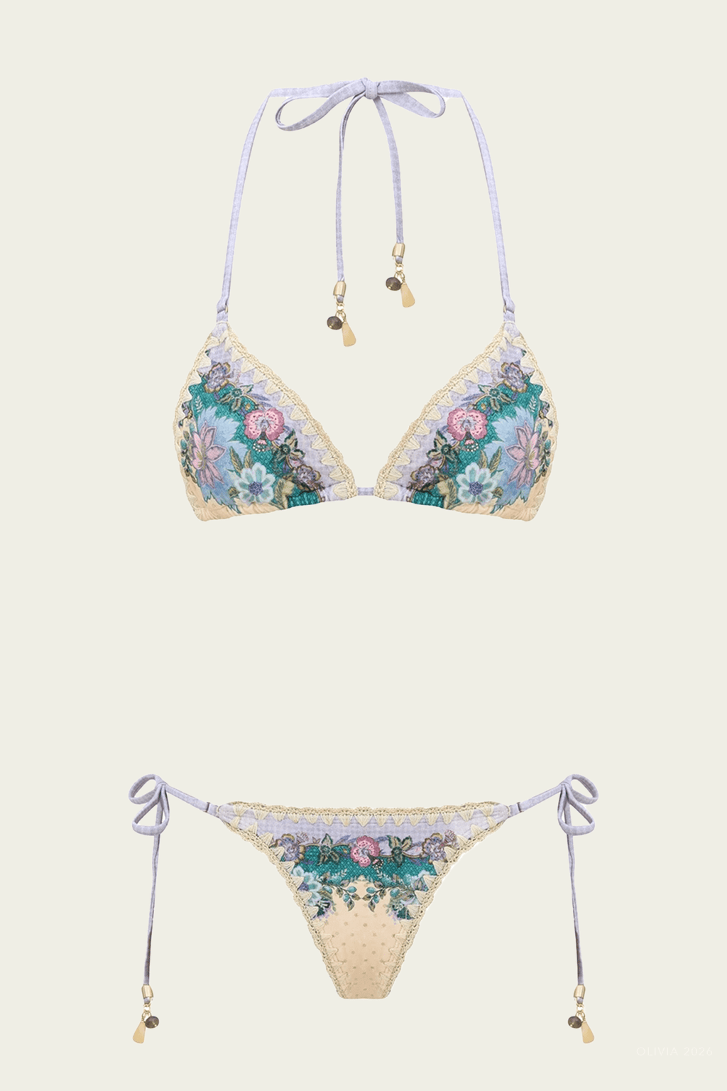 Indra Crochet Detail Bikini Set in Cream Scarf Floral