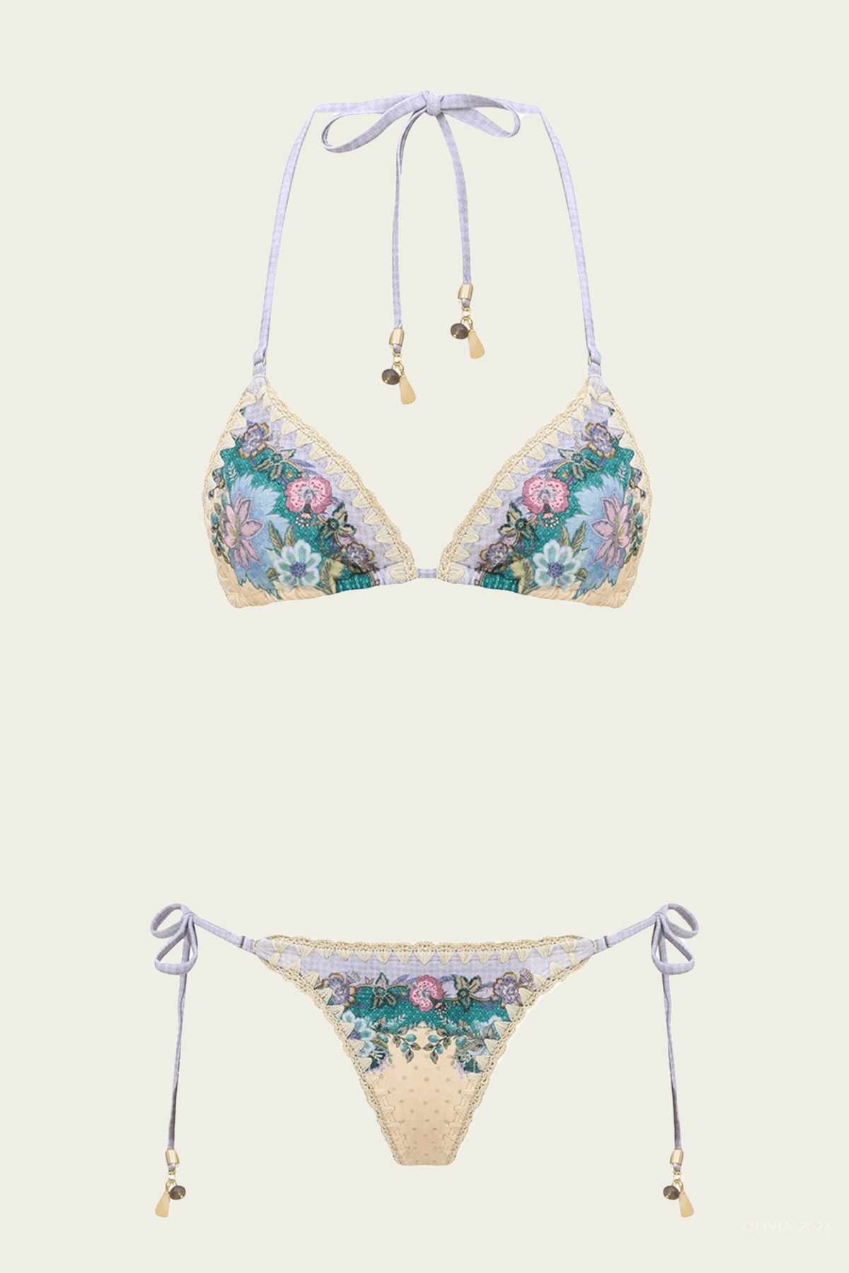 Indra Crochet Detail Bikini Set in Cream Scarf Floral - shop - olivia.com