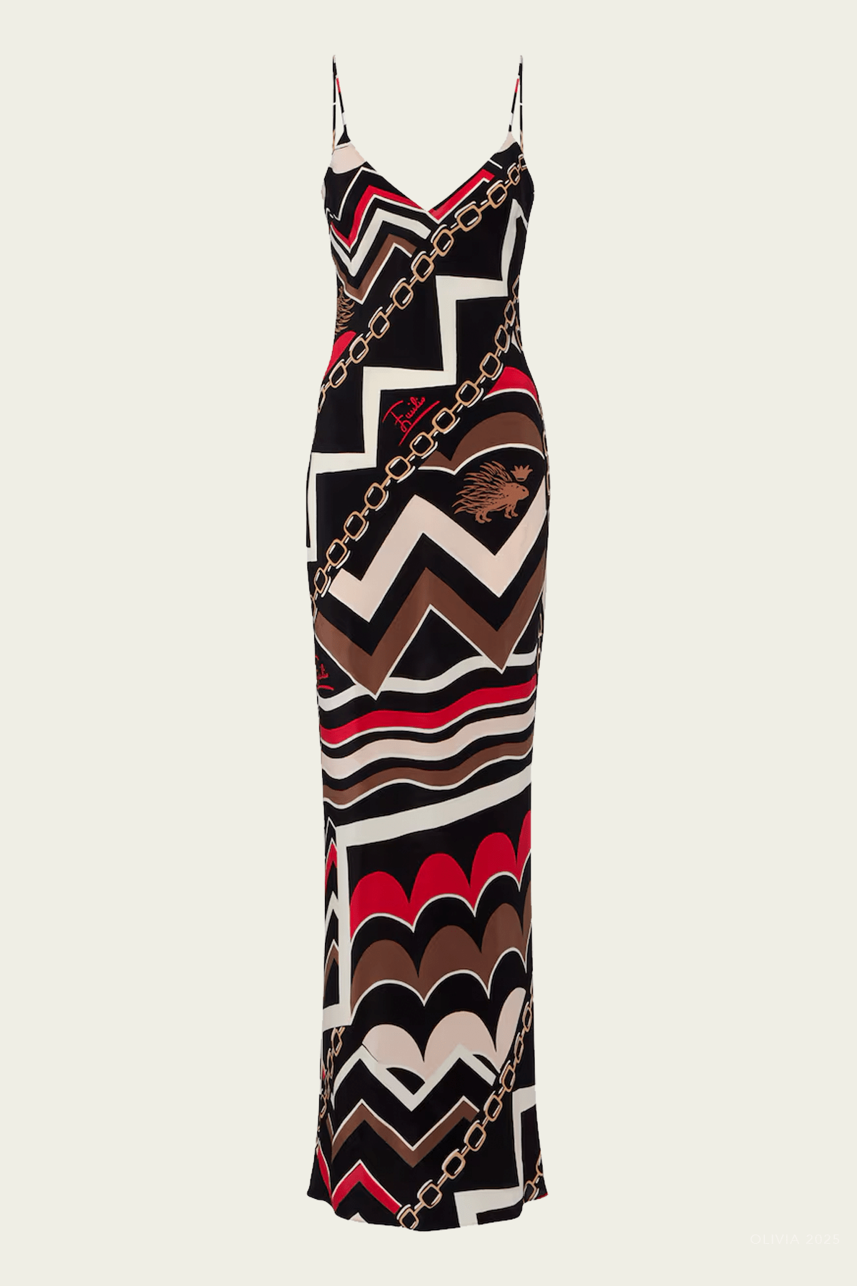 Istrice-Print Long Dress in Gold Red - shop-olivia.com