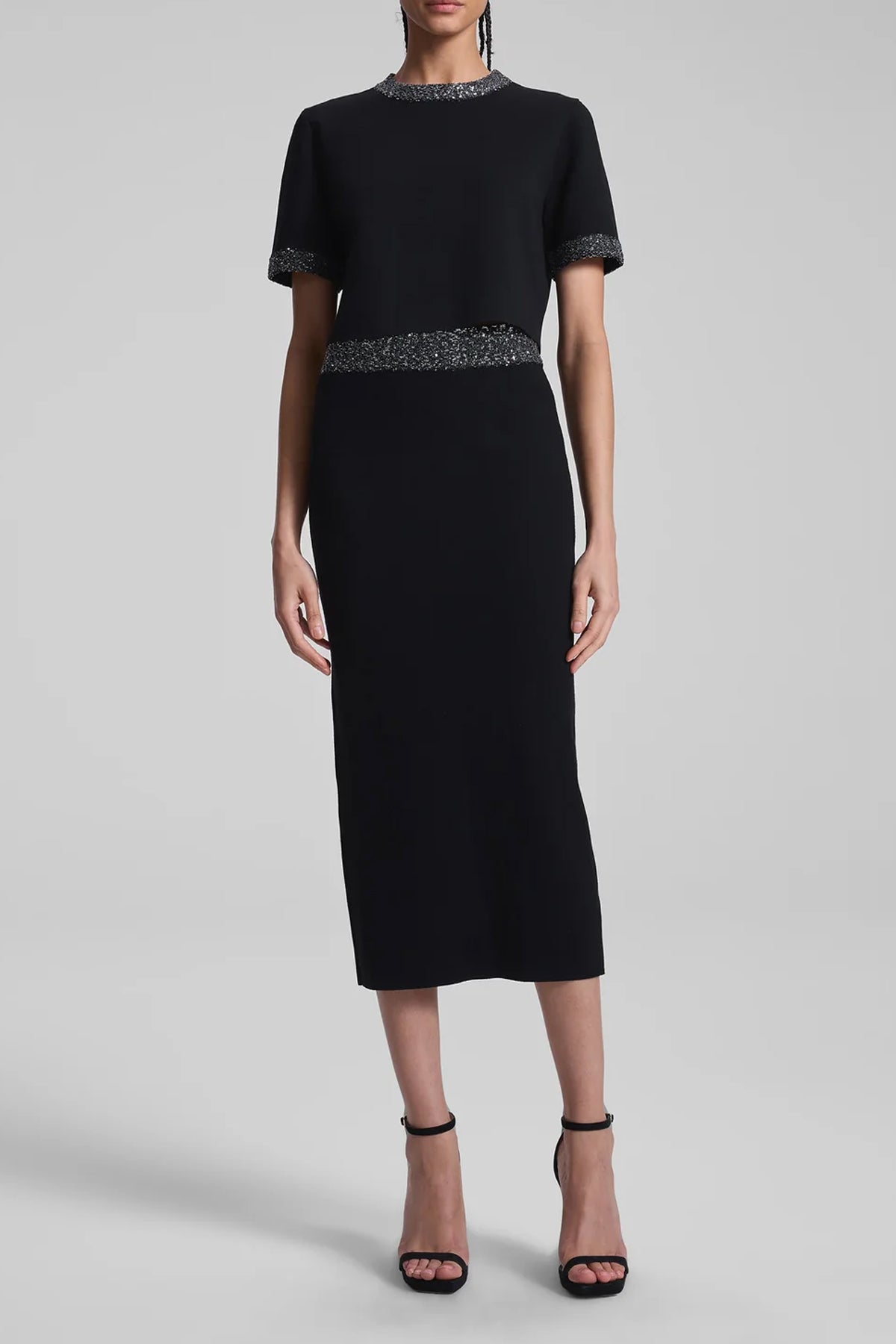 Jane Sequin Embellished Knit Midi Skirt in Black/Silver - shop - olivia.com