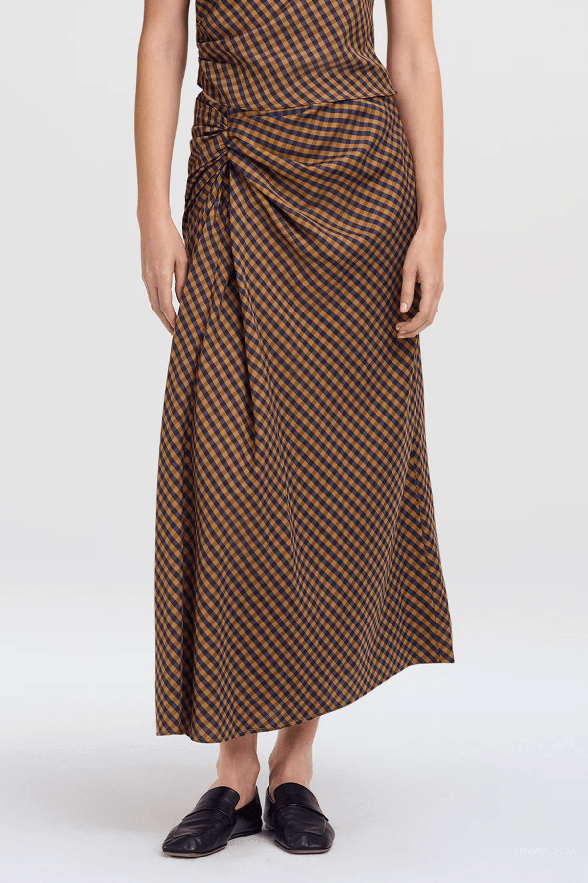 Jean Check Midi Skirt in Pecan Navy - shop-olivia.com