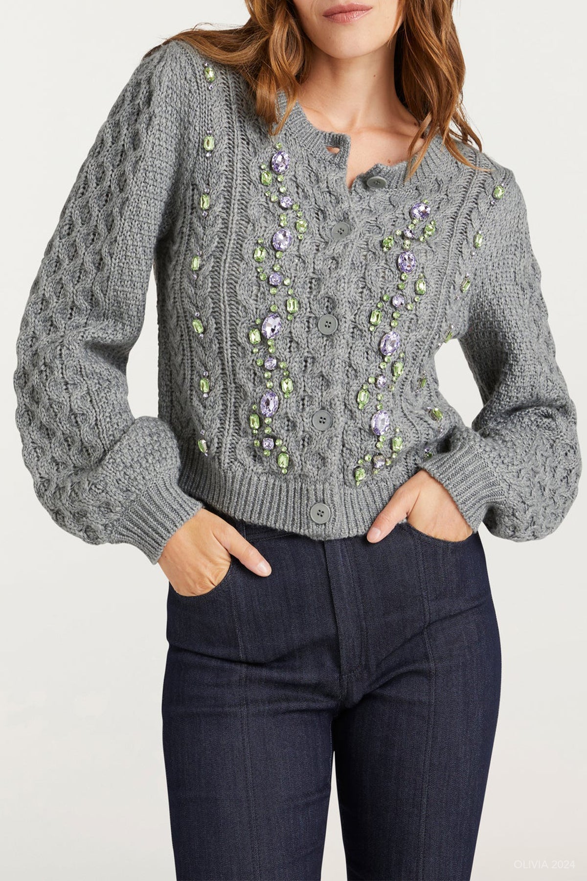 Joelle Embellished Cable Cardigan in Charcoal Lilac - shop - olivia.com