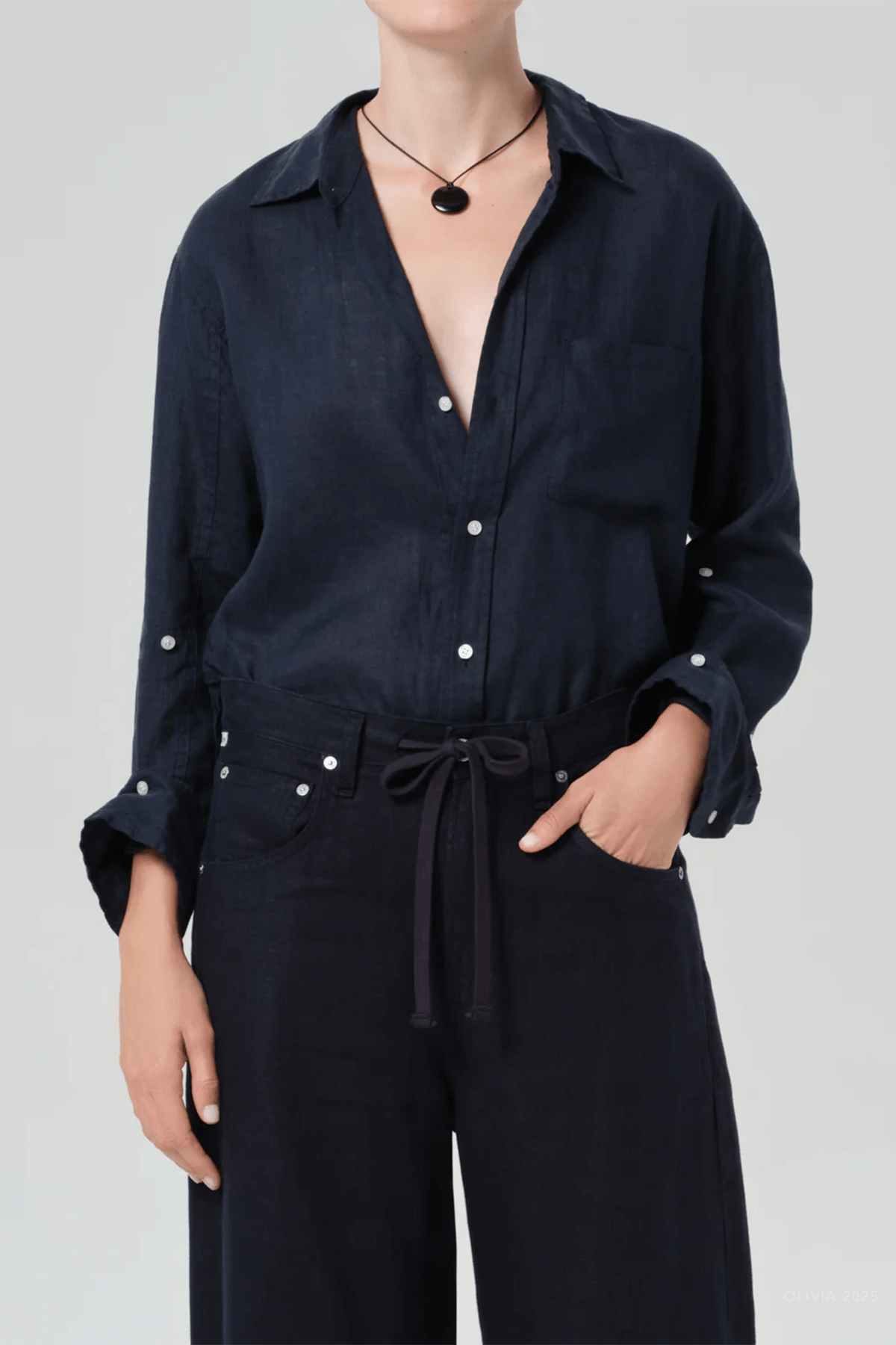 Kayla Shrunken Linen Shirt in True Navy - shop - olivia.com
