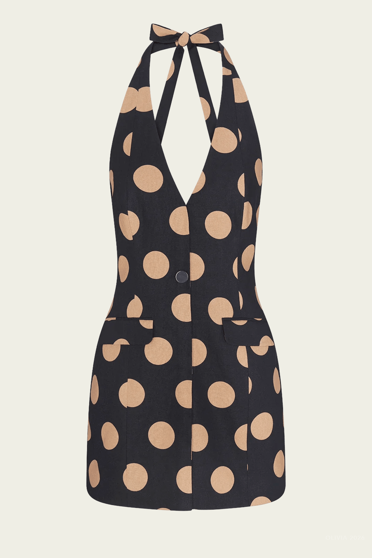 Kirra Linen Mini Dress in Black Tan Polka Dot - shop-olivia.com