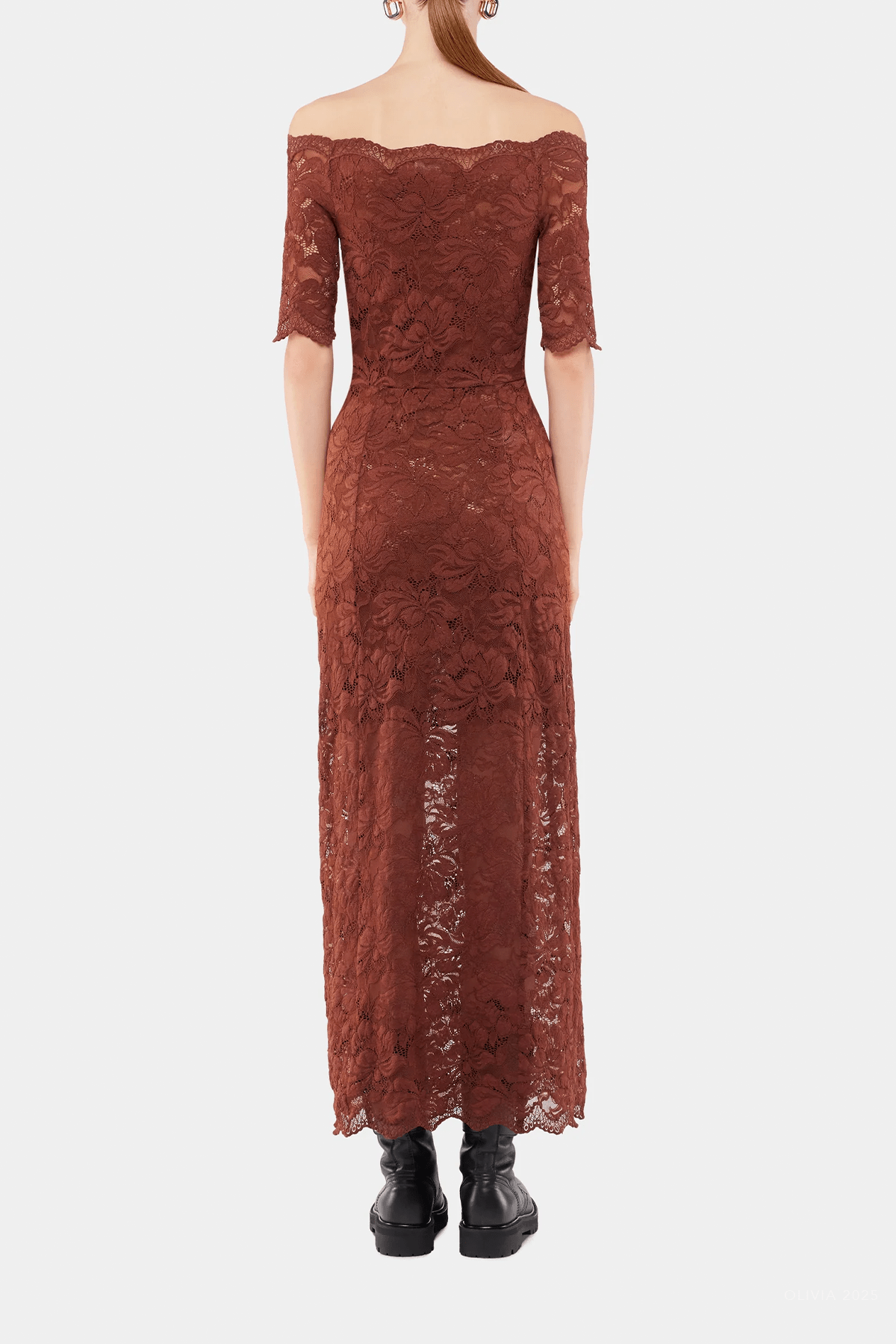 Lace Off - Shoulder Midi Dress in Cinnamon Brown - shop - olivia.com