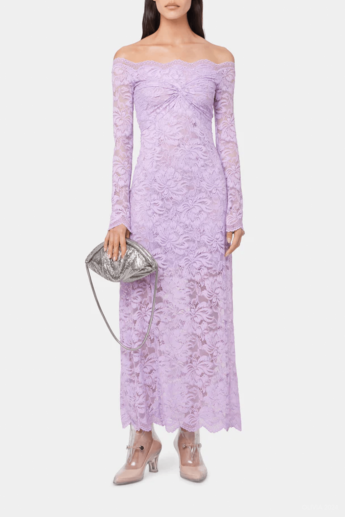 Lace Off - Shoulder Midi Dress in French Lavender - shop - olivia.com