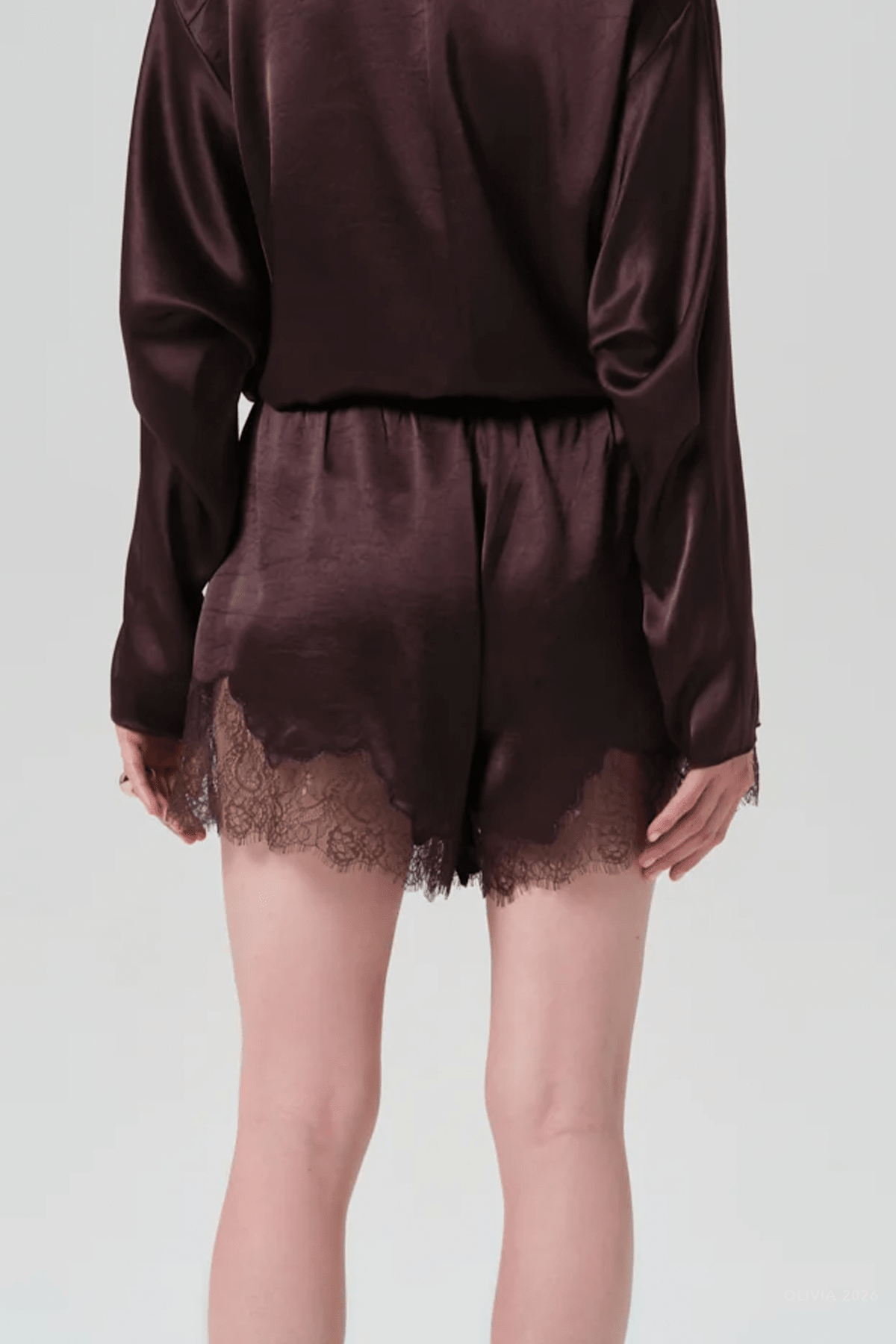 Lace Trimmed Japanese Hammered Satin Tap Short in Espresso - shop-olivia.com