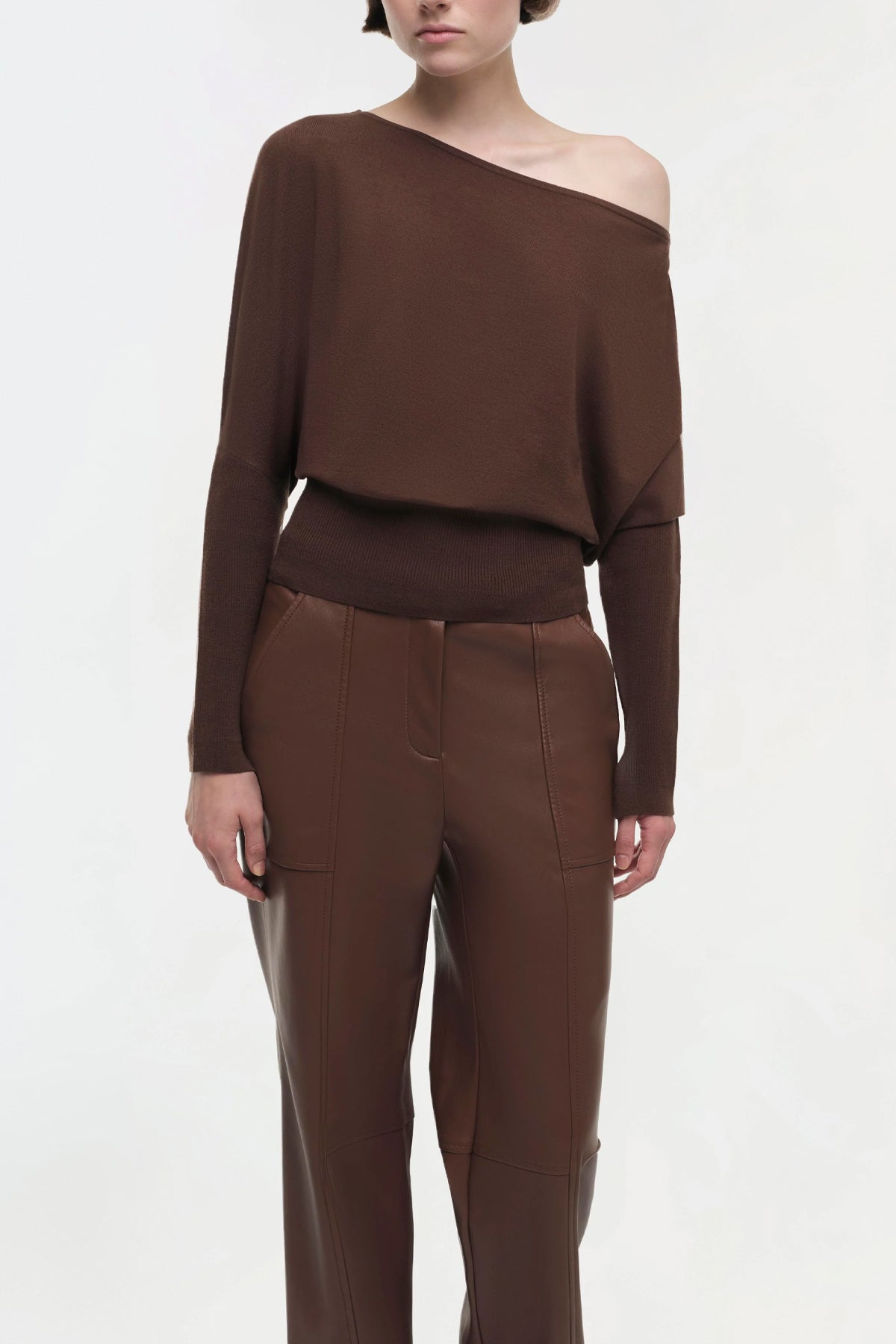 Lavina Draped Off Shoulder Sweater in Chocolate - shop - olivia.com