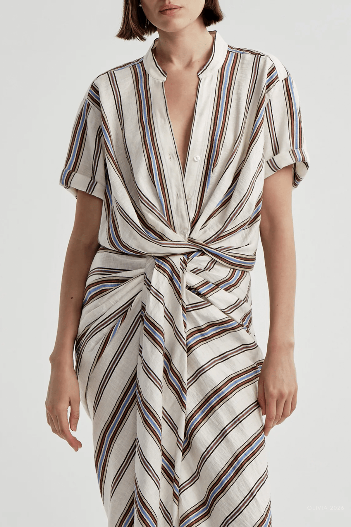 Leonore Short Sleeve Striped Linen Shirt in Panna Multi - shop-olivia.com
