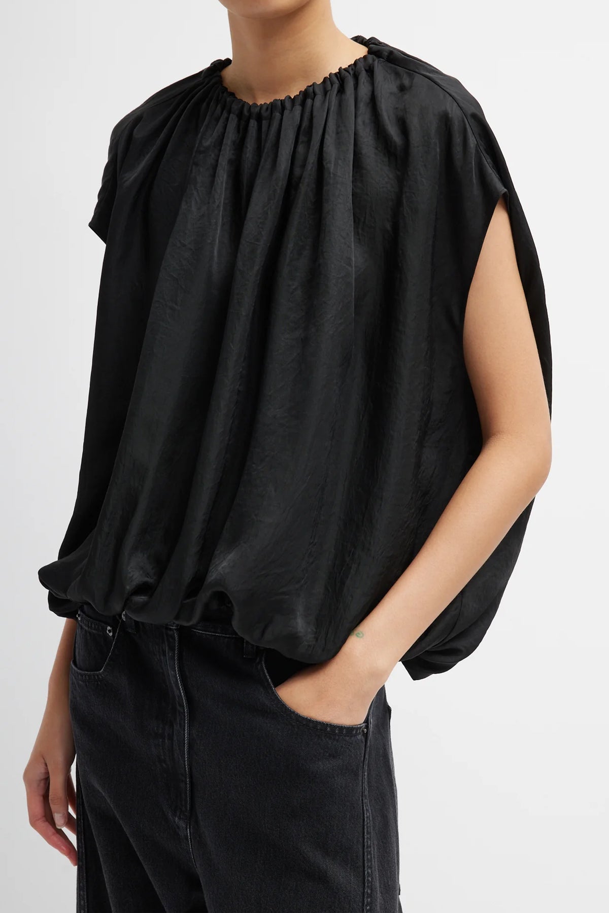 Light Weight Acetate Shirred Neck Circular Top in Black - shop - olivia.com