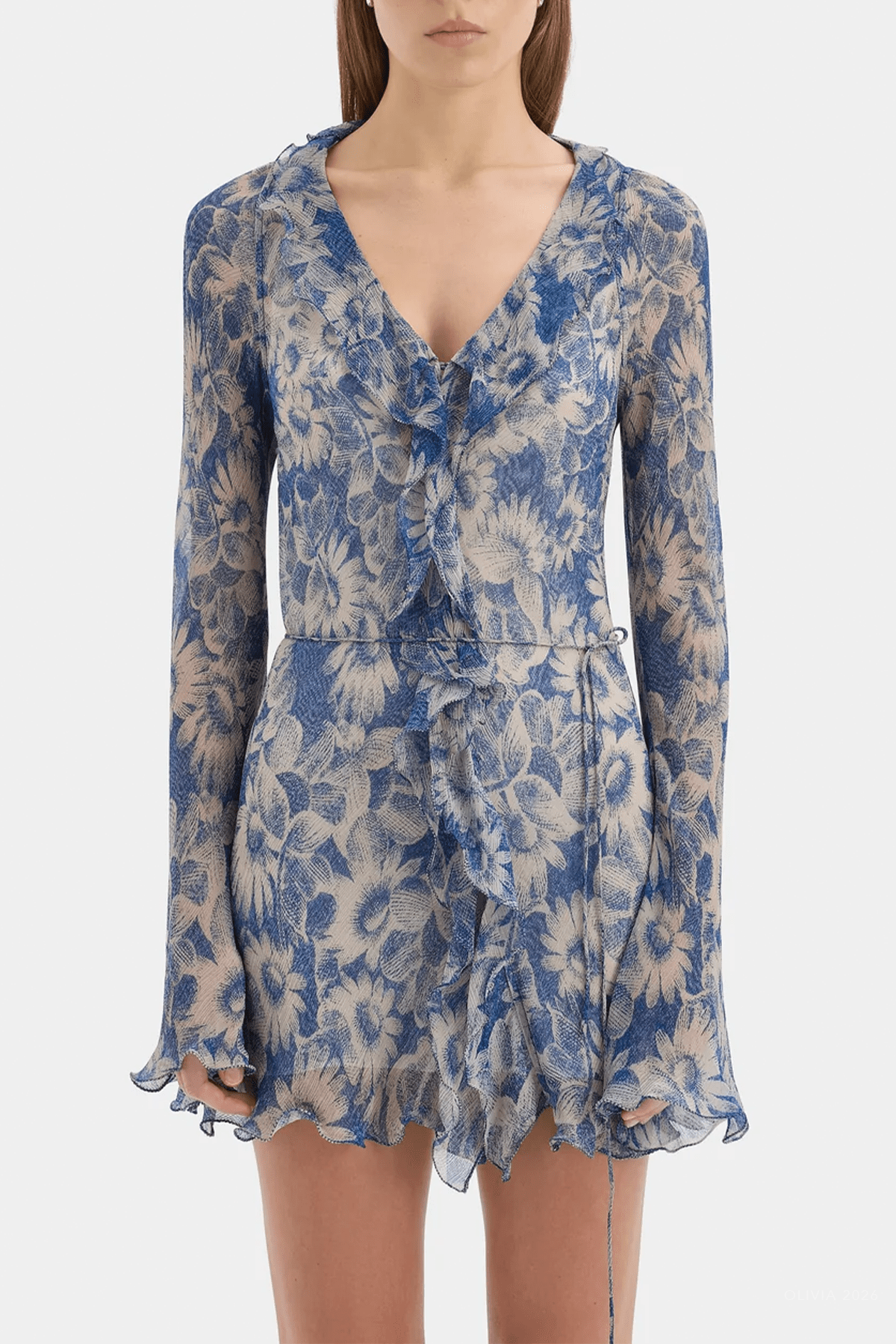 Lilia Ruffle Long-Sleeve Mini Dress in Daisy Meadow - shop-olivia.com
