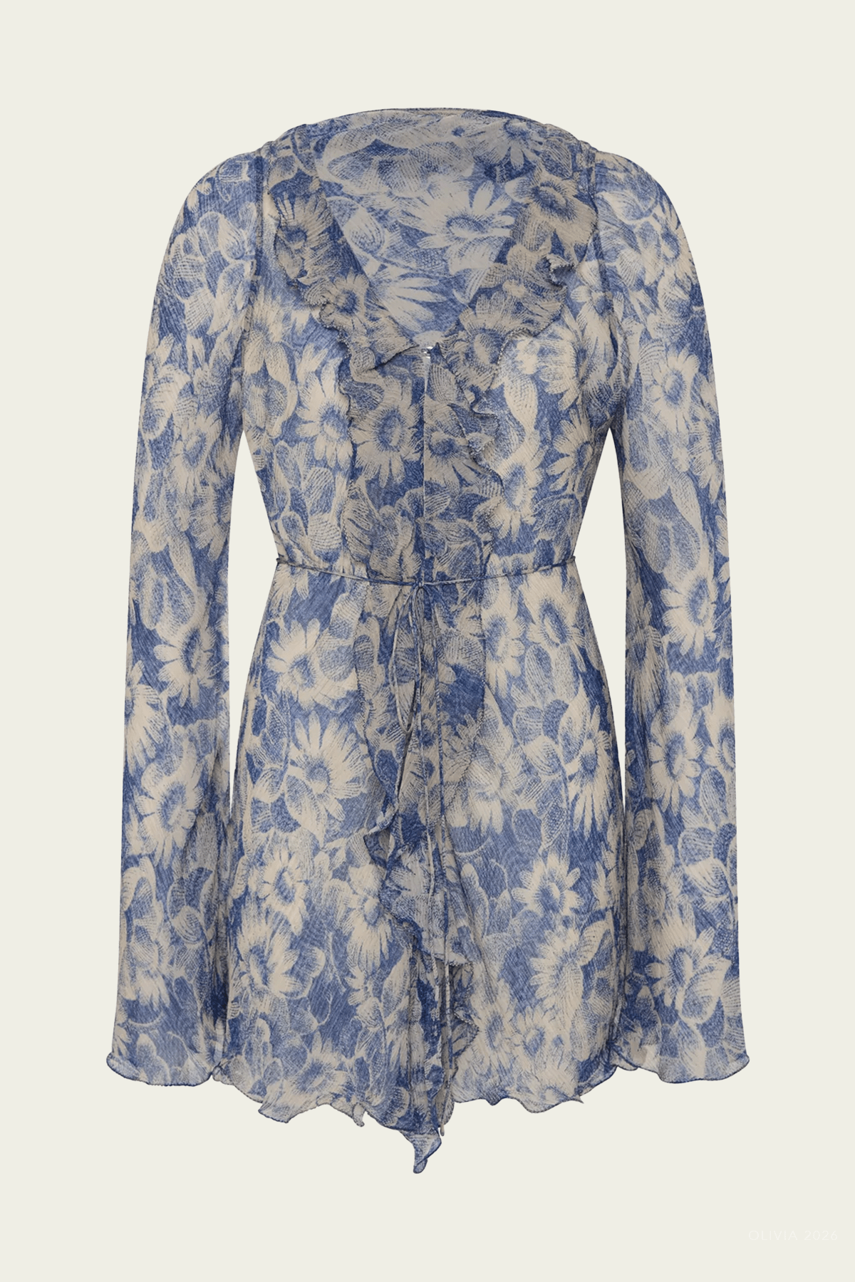 Lilia Ruffle Long-Sleeve Mini Dress in Daisy Meadow - shop-olivia.com