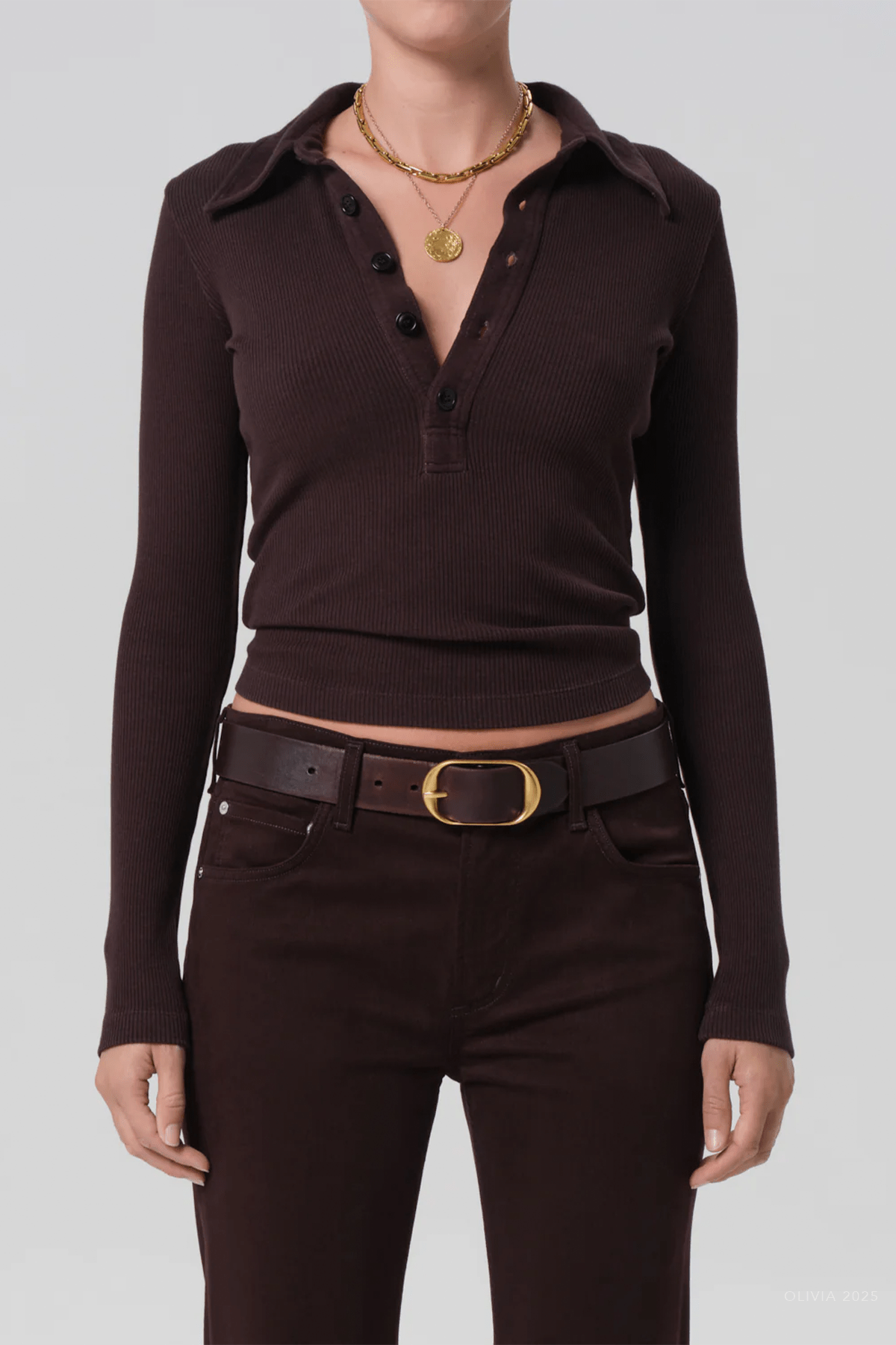 Long Sleeve 60's Polo in Chocolate - shop - olivia.com
