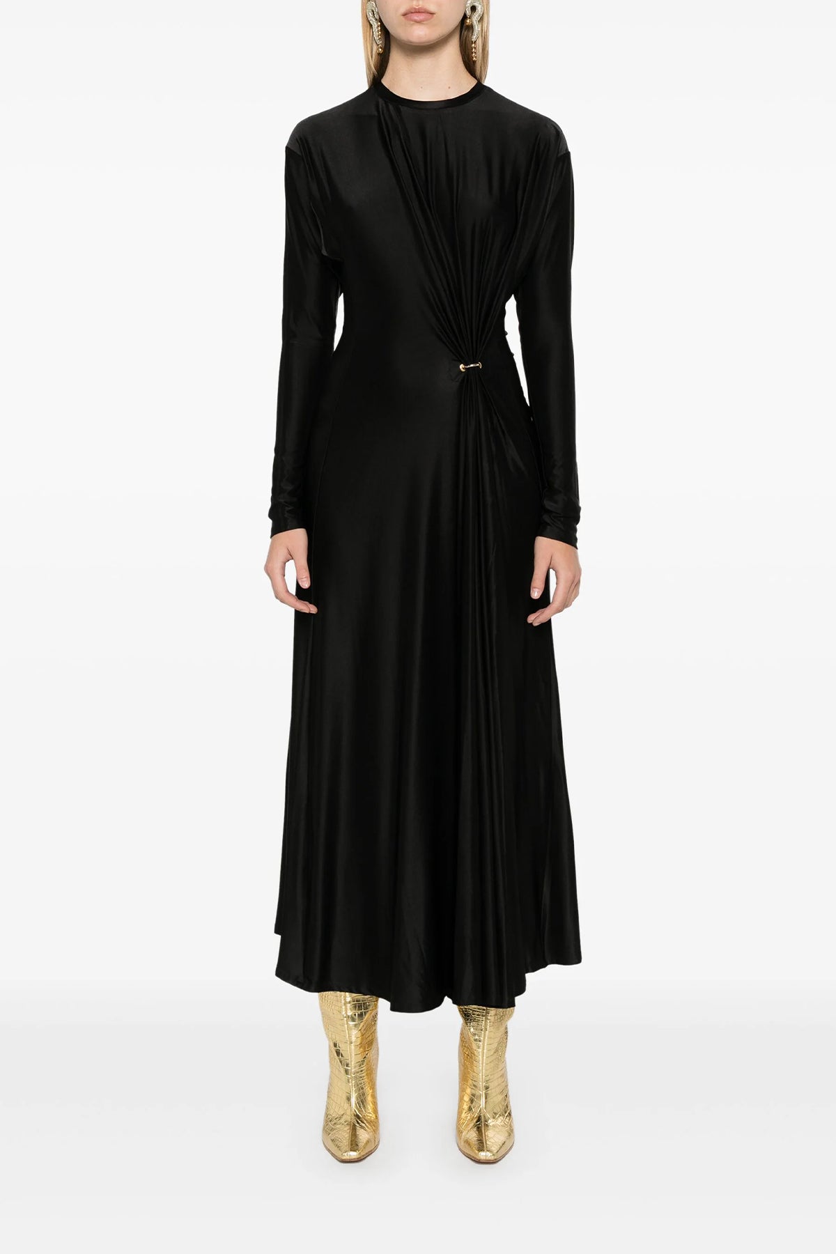 Long - Sleeve Gathered Midi Dress in Black - shop - olivia.com