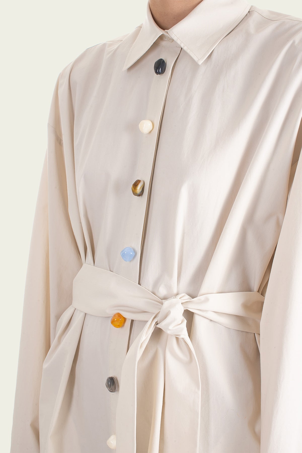 Long-Sleeve Poplin Chemisier Shirt Dress in Light Beige - shop-olivia.com