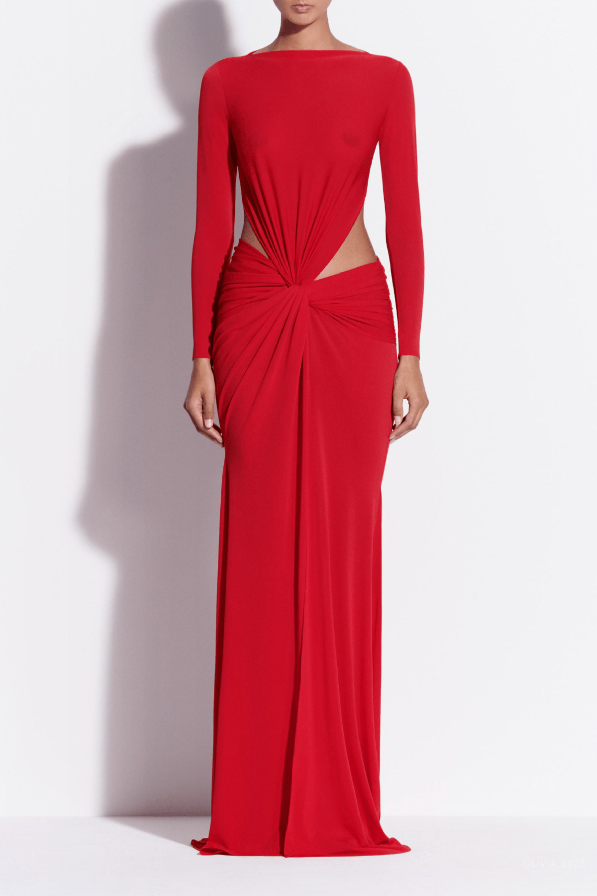 Long - Sleeve Twist Gown Crepe Jersey in Red - shop - olivia.com