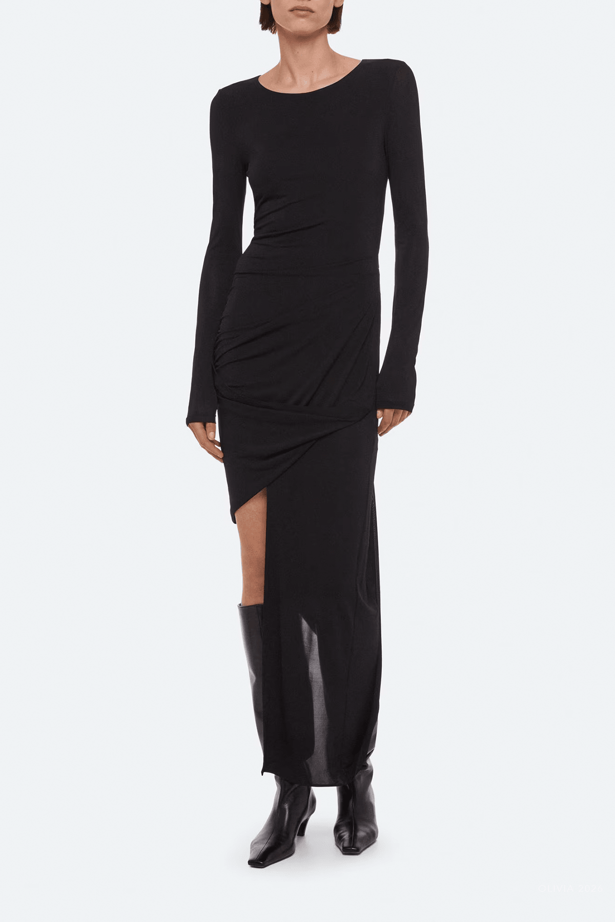 Long-Sleeve Twisted Drape Dress in Black - shop-olivia.com