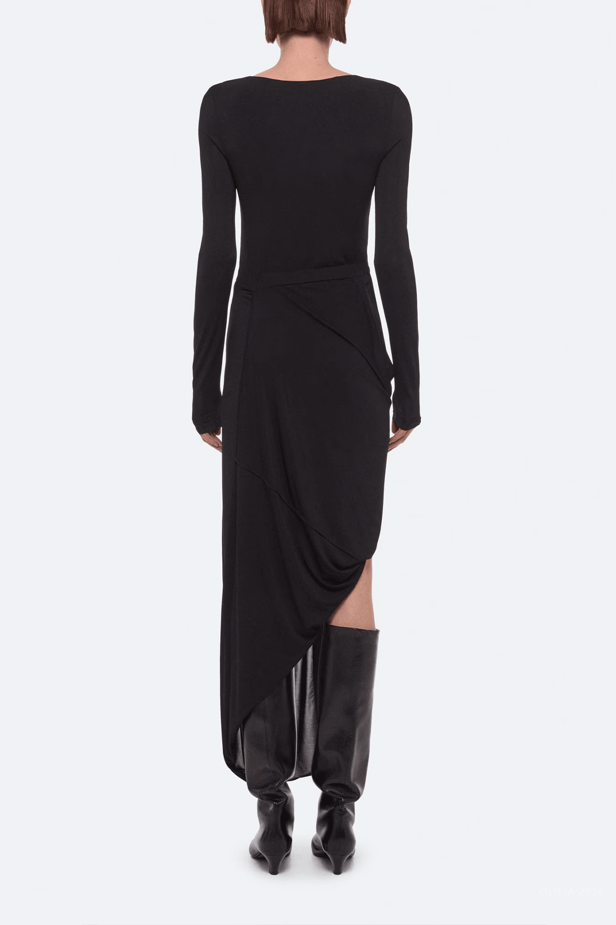 Long-Sleeve Twisted Drape Dress in Black - shop-olivia.com