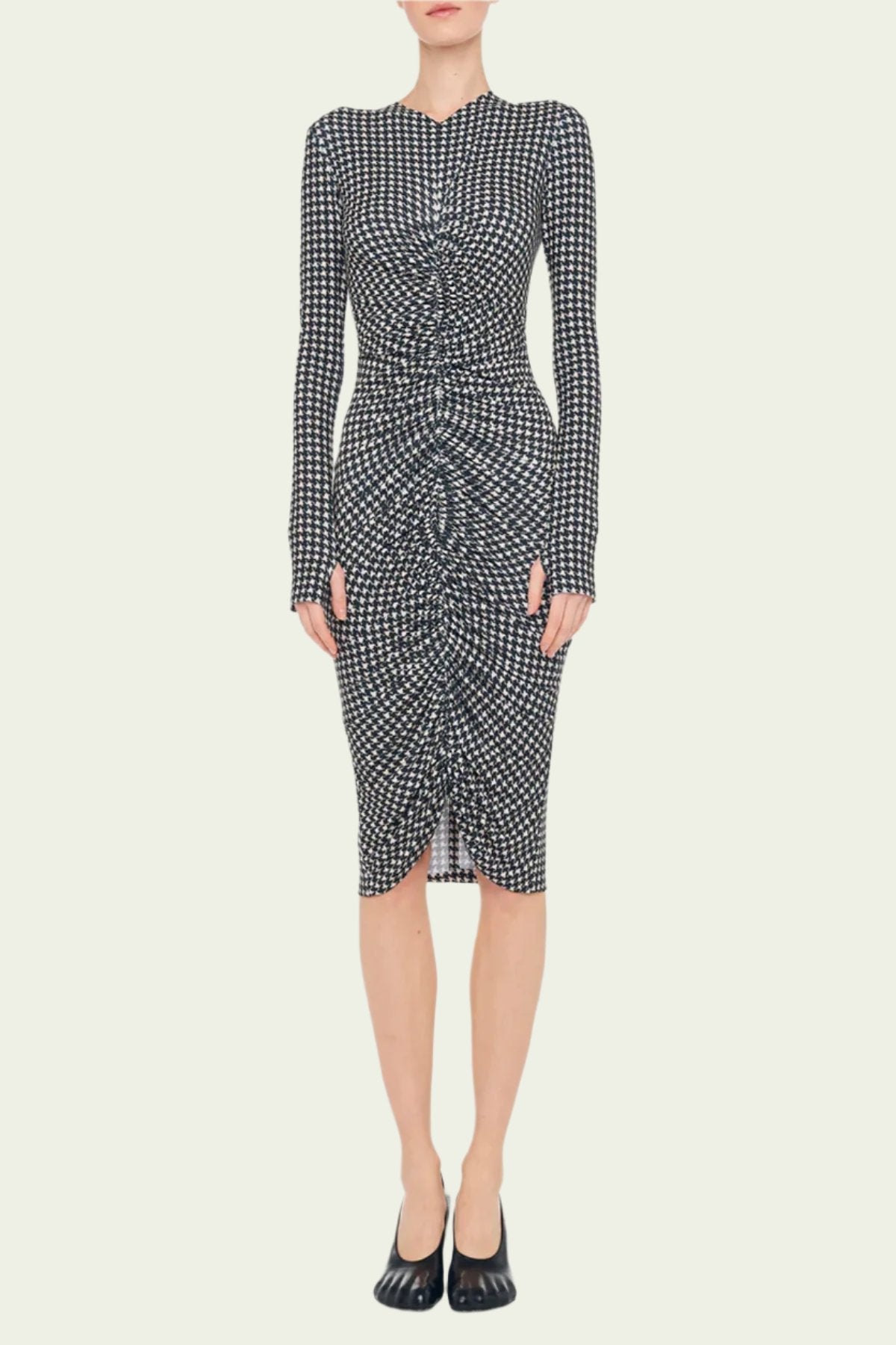 Long Sleeve V Neck Shirred Front Dress To Knee in Large Houndstooth - shop - olivia.com