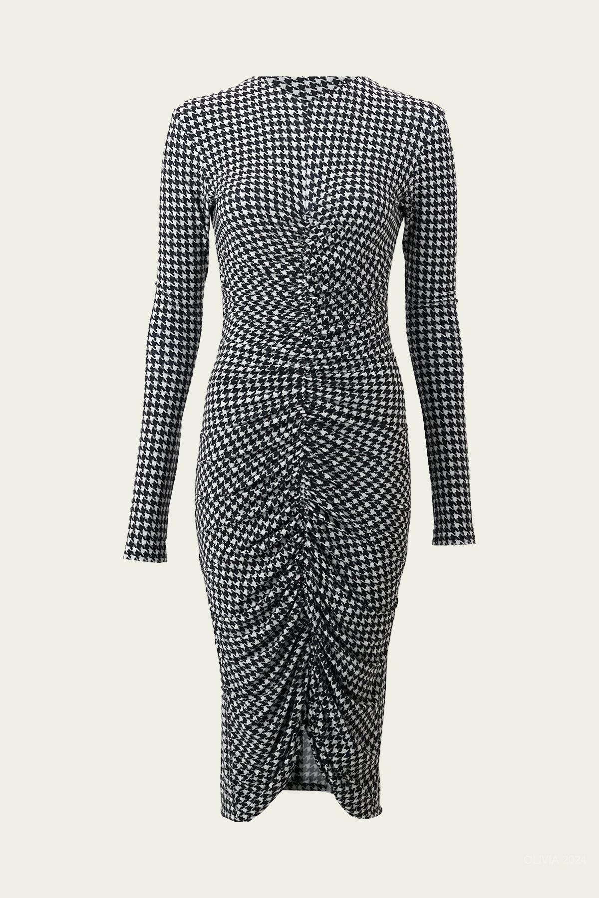 Long Sleeve V Neck Shirred Front Dress To Knee in Large Houndstooth - shop - olivia.com