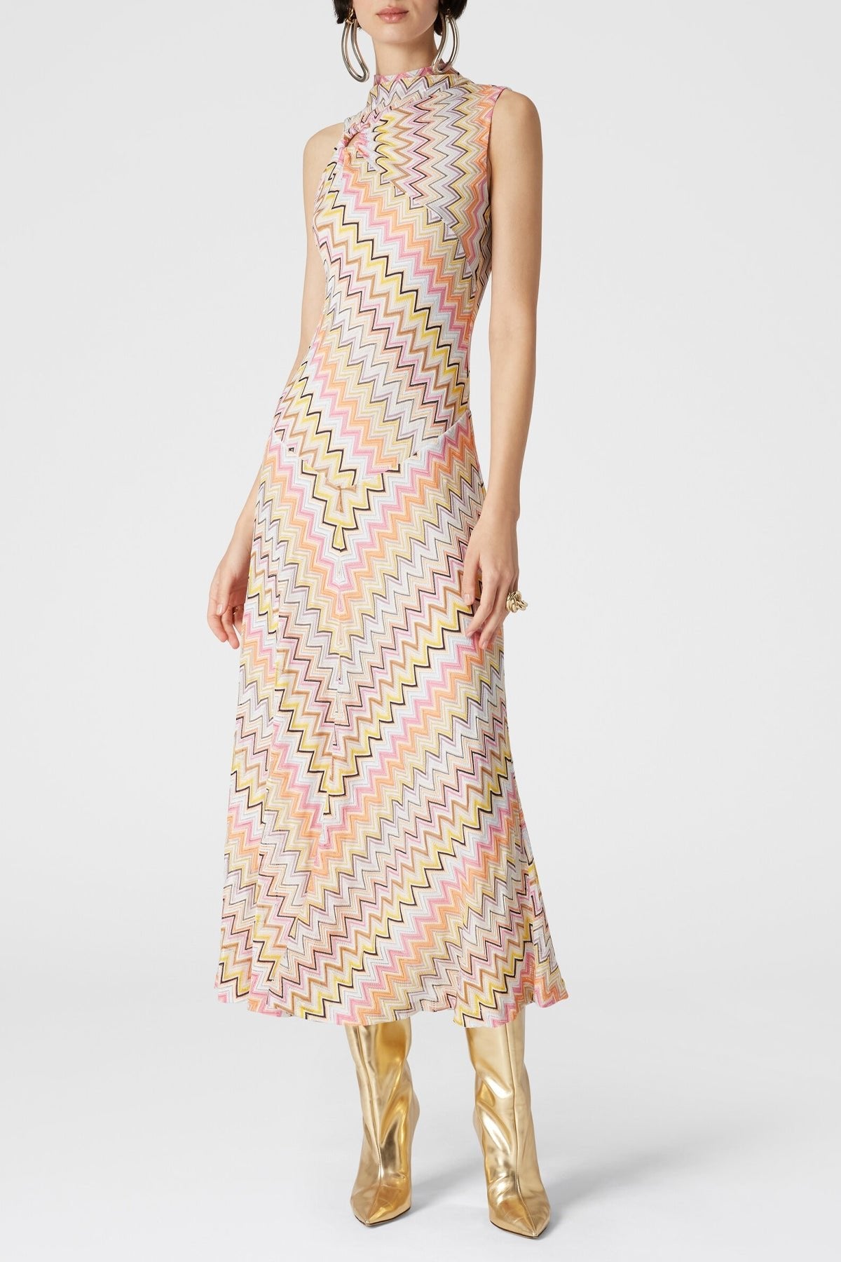 Long Sleeveless Dress with Gathered Neckline in Multi - shop - olivia.com