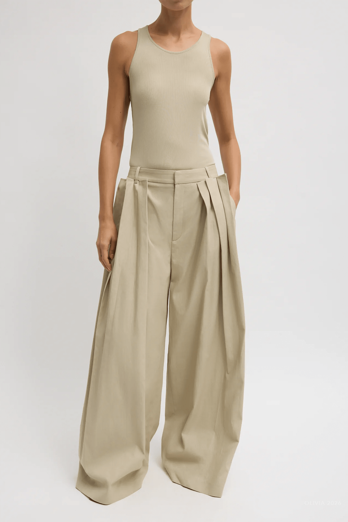Luxe Spring Twill Tucked Pleated Wide Leg Trouser in Taupe - shop - olivia.com