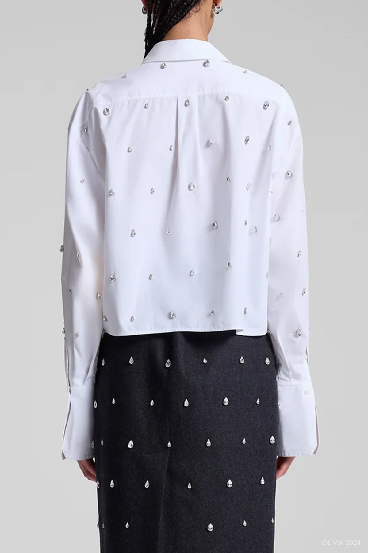 Mackie Embellished Cropped Cotton Shirt in White - shop - olivia.com