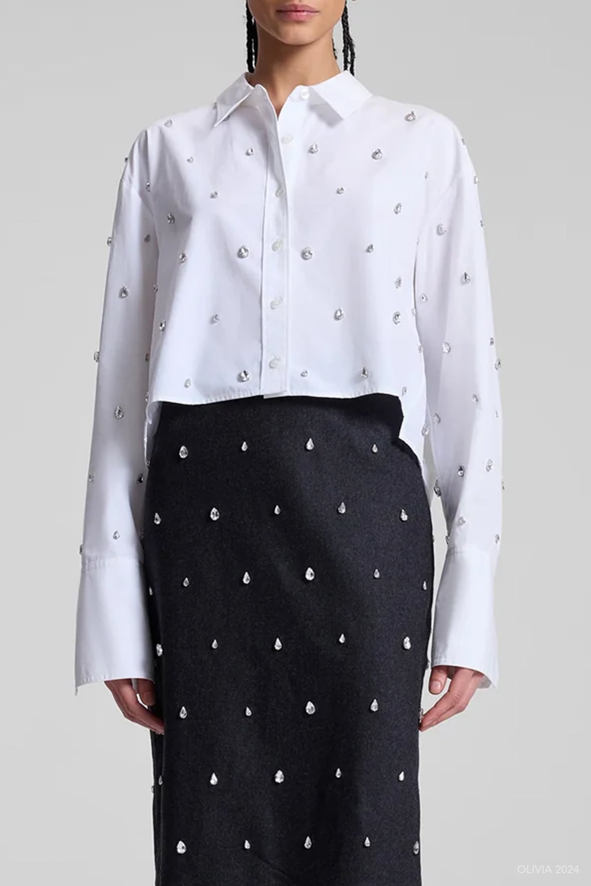 Mackie Embellished Cropped Cotton Shirt in White - shop - olivia.com