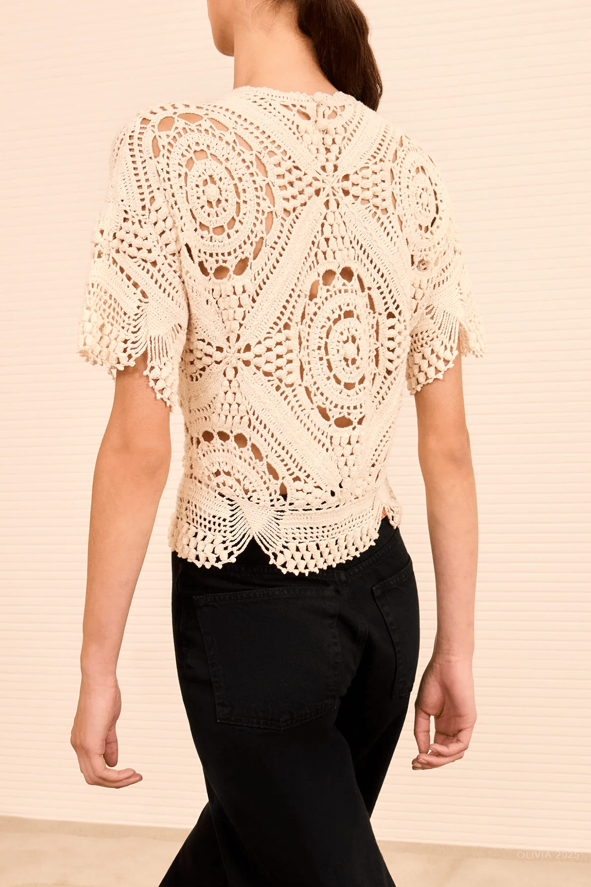 Maddalena Short Sleeve Hand Crochet Top in Cowrie - shop - olivia.com
