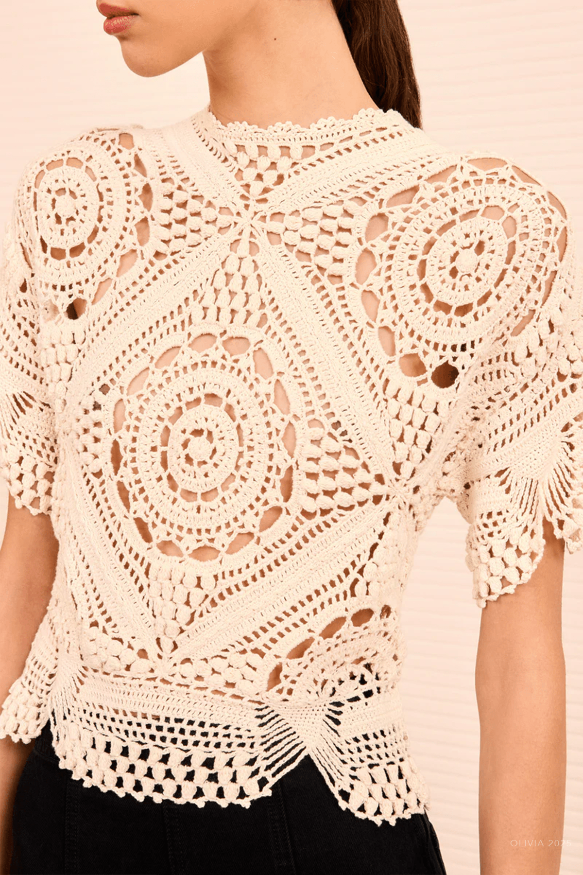 Maddalena Short Sleeve Hand Crochet Top in Cowrie - shop - olivia.com