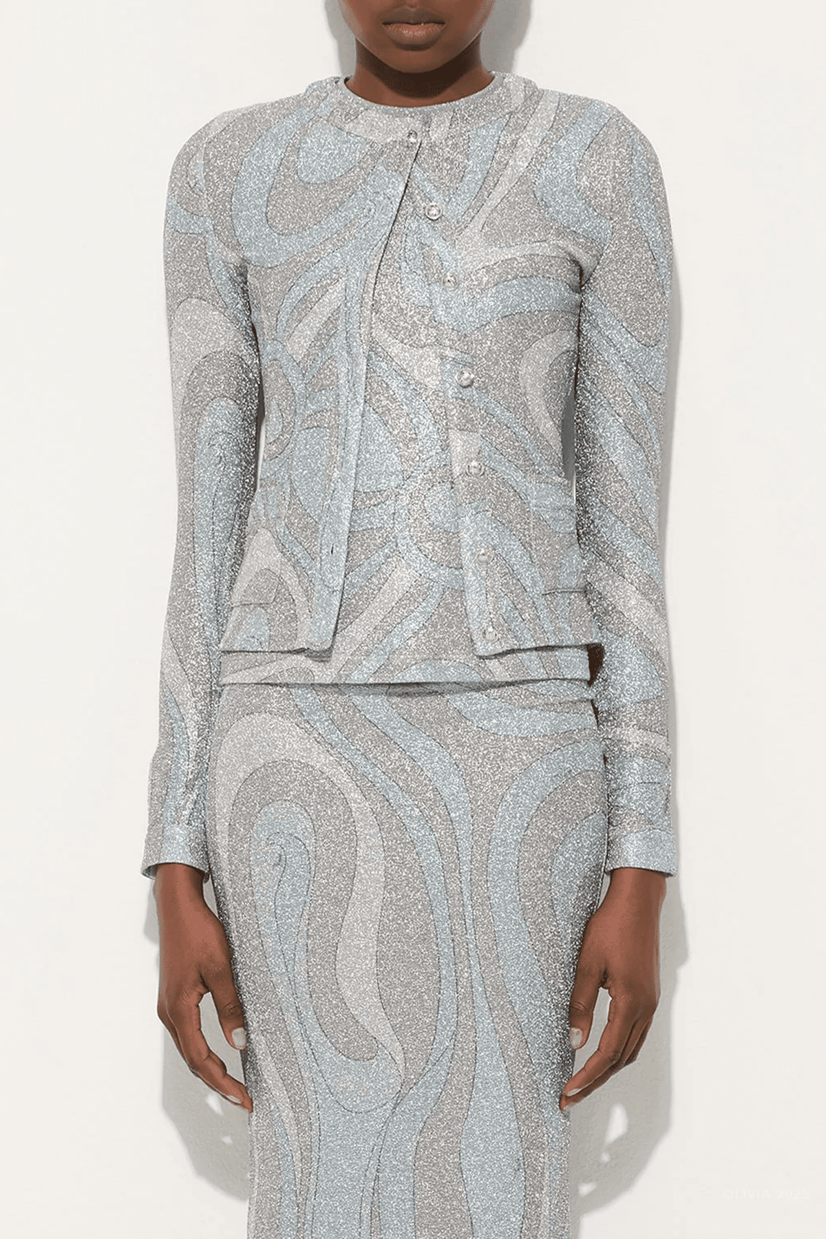 Marmo - Print Jersey Lame Cardigan in Argento - shop - olivia.com