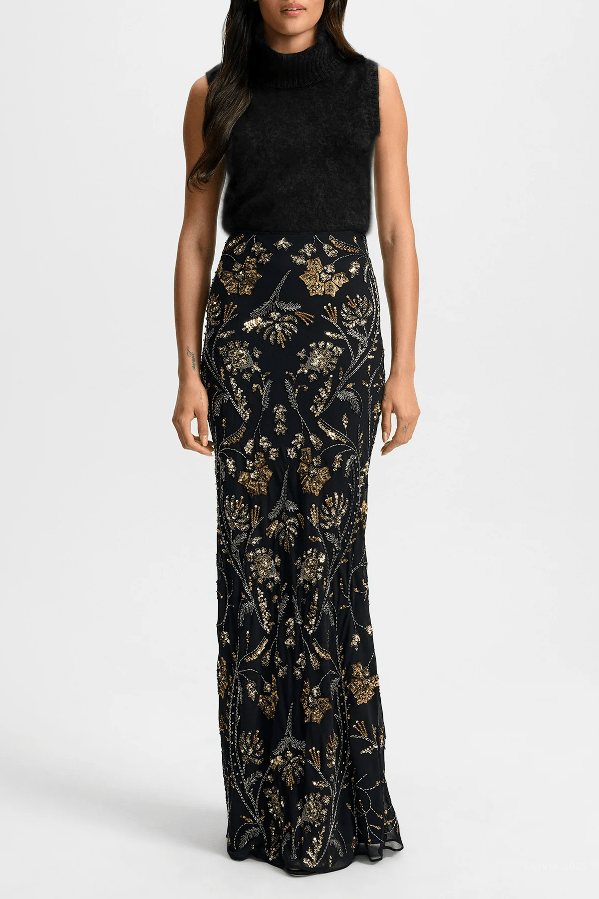 Medina Floral - Embellished Maxi Skirt in Black - shop - olivia.com