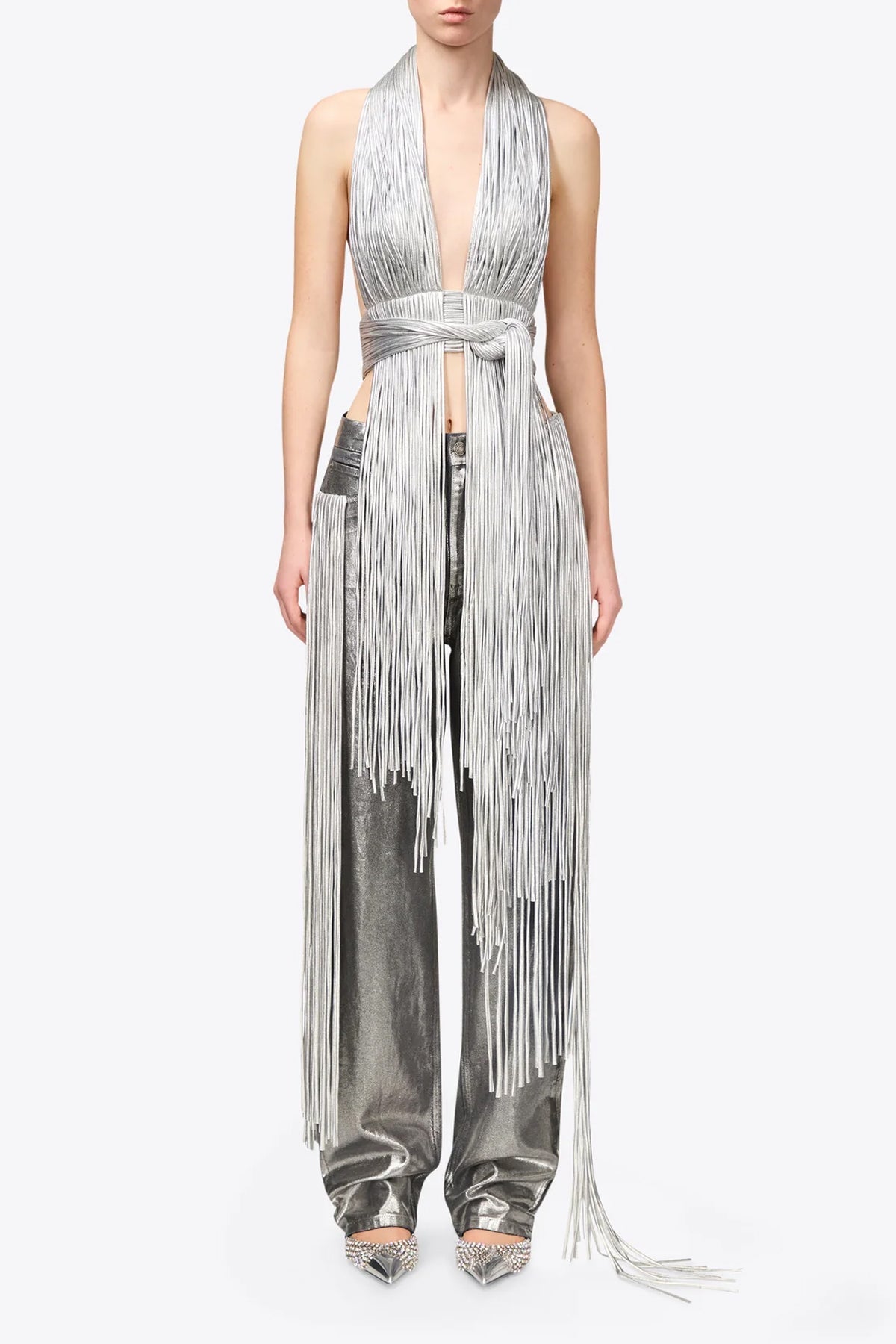 Metallic Fringe Halter Top in Silver - shop - olivia.com