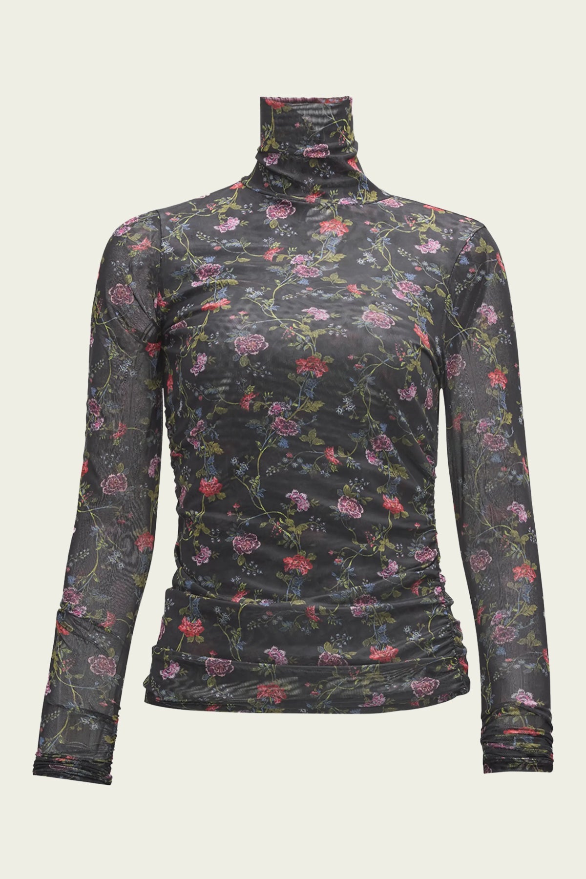 Mini Hana Floral Shirred Mesh Turtleneck in Black - shop - olivia.com