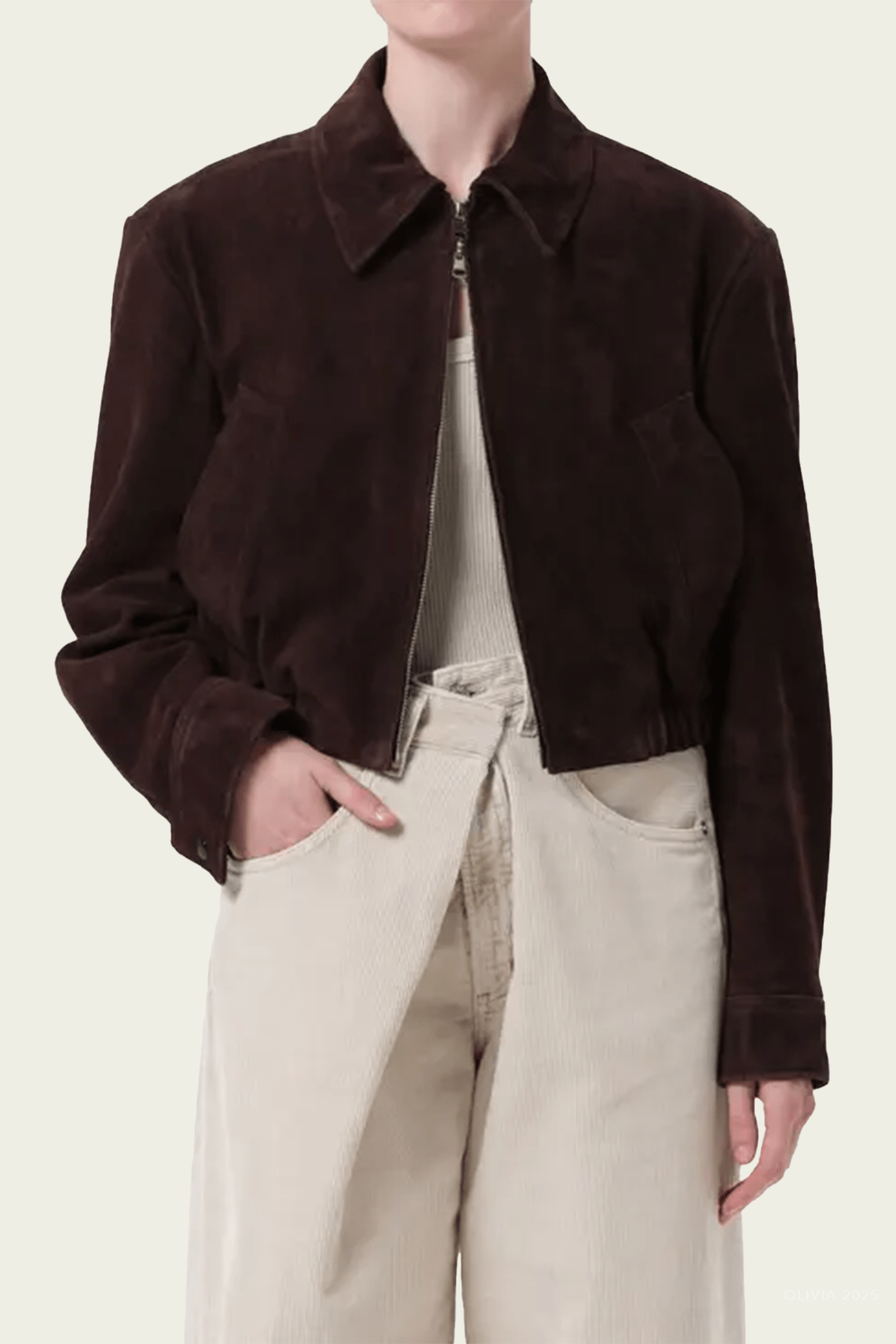 Nahla Cropped Suede Jacket in Root - shop - olivia.com